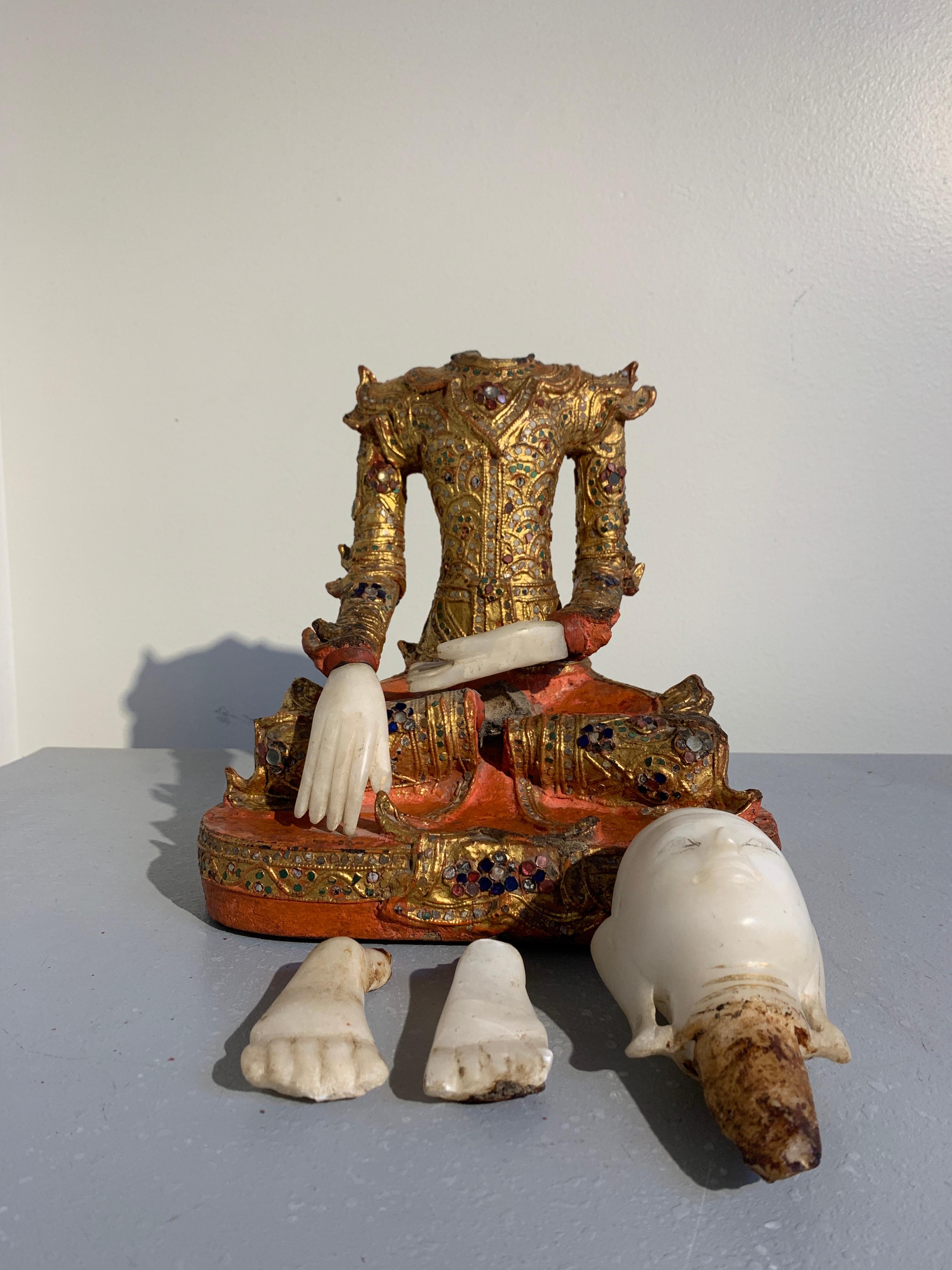 Burmese Mandalay Buddha in Royal Attire, Alabaster, Gilt Lacquer and Teak 10