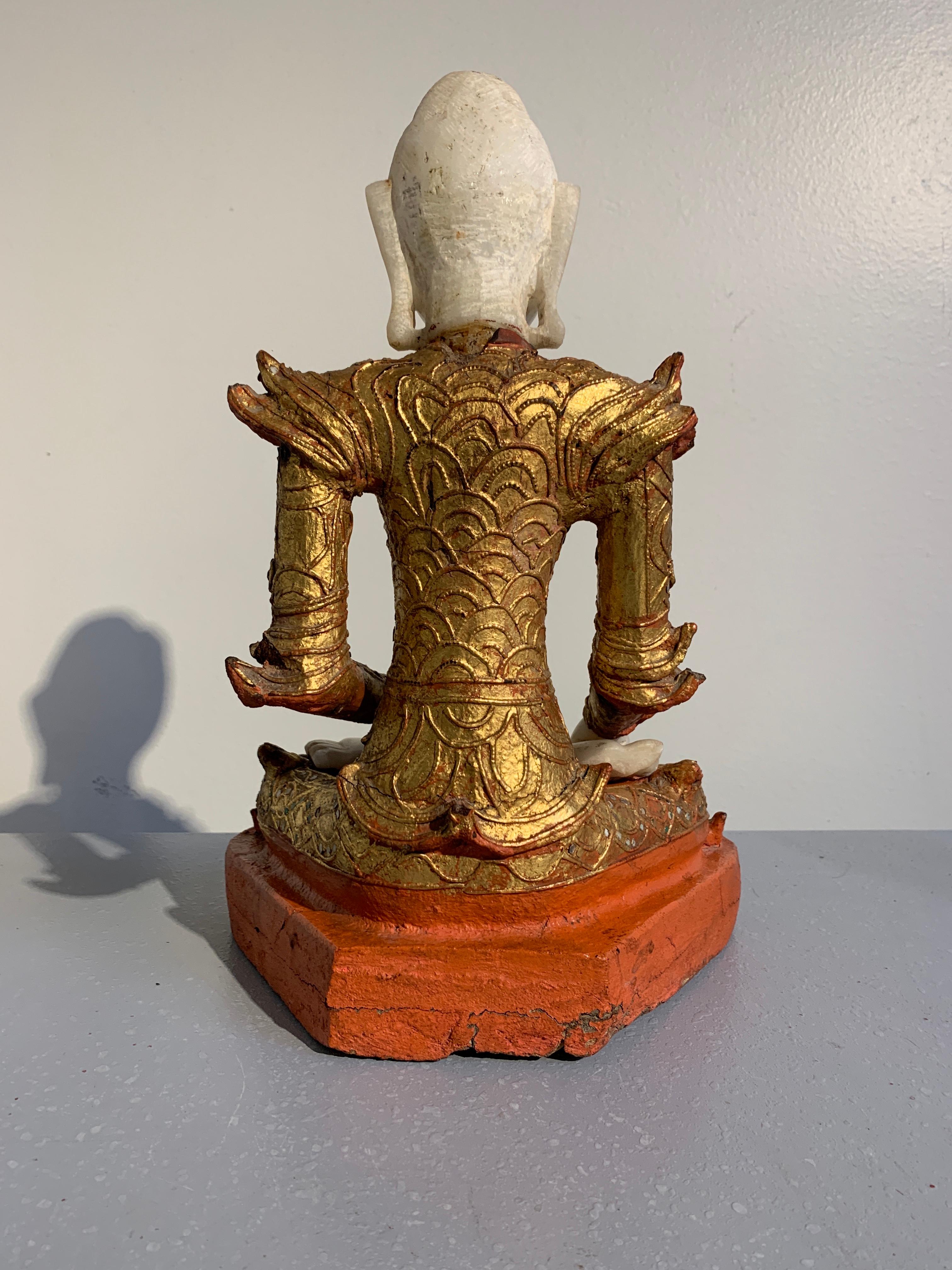 19th Century Burmese Mandalay Buddha in Royal Attire, Alabaster, Gilt Lacquer and Teak