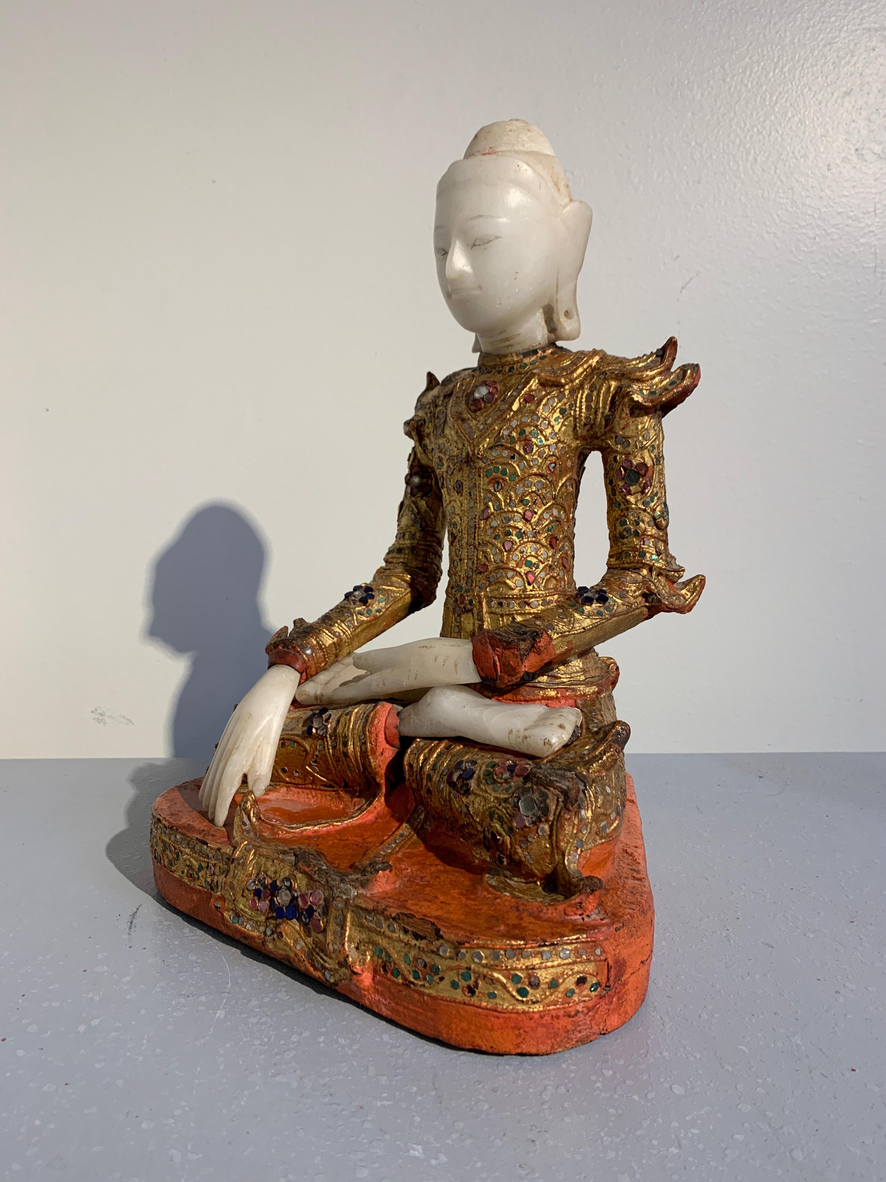 Burmese Mandalay Buddha in Royal Attire, Alabaster, Gilt Lacquer and Teak 1