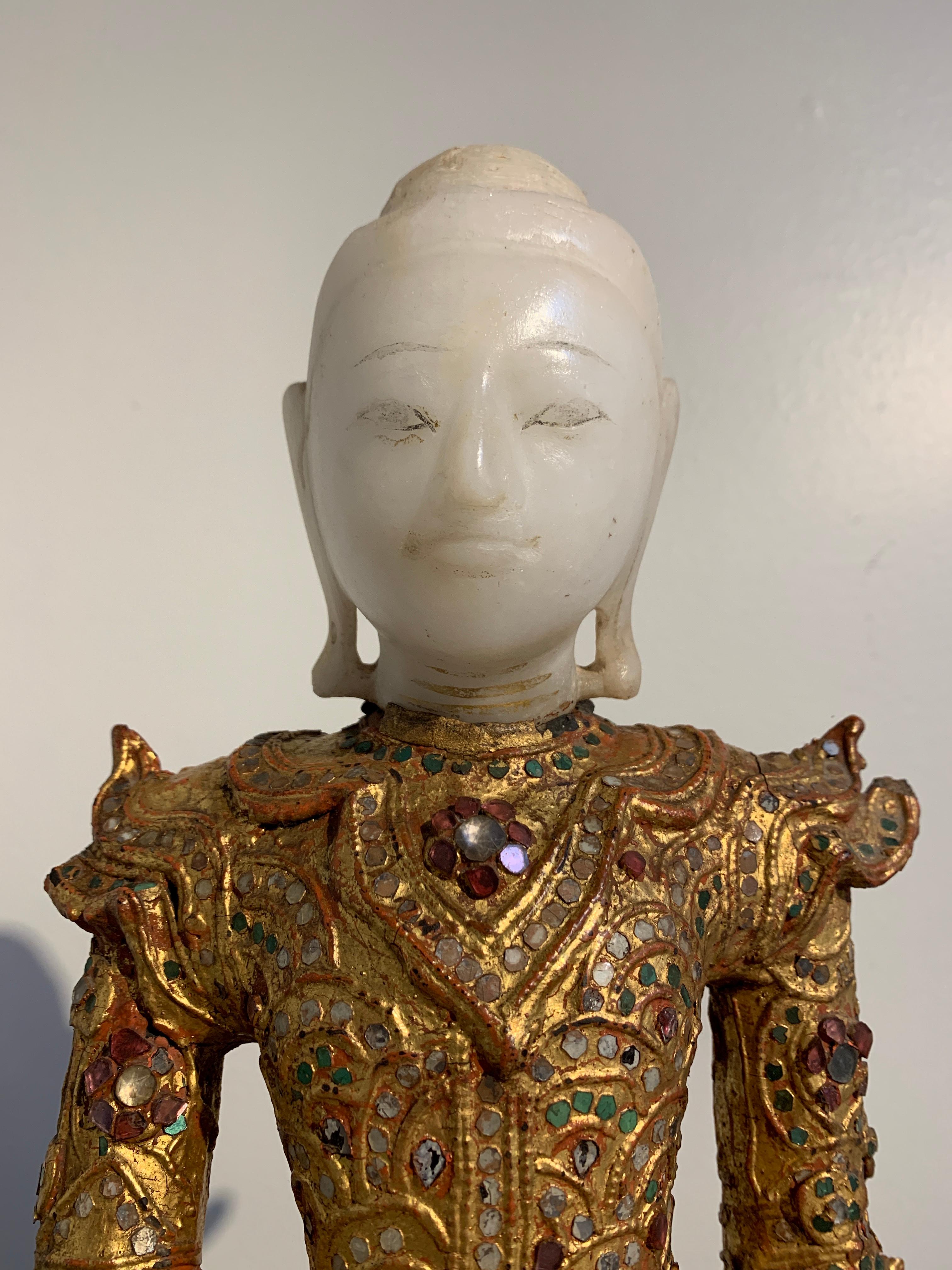 Burmese Mandalay Buddha in Royal Attire, Alabaster, Gilt Lacquer and Teak 2