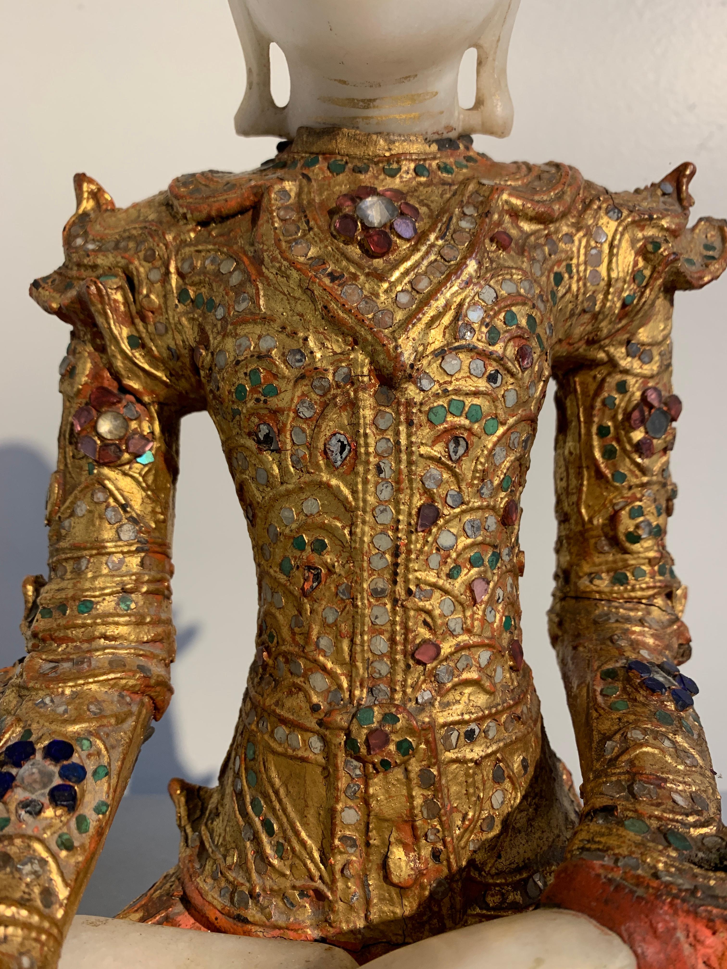 Burmese Mandalay Buddha in Royal Attire, Alabaster, Gilt Lacquer and Teak 3