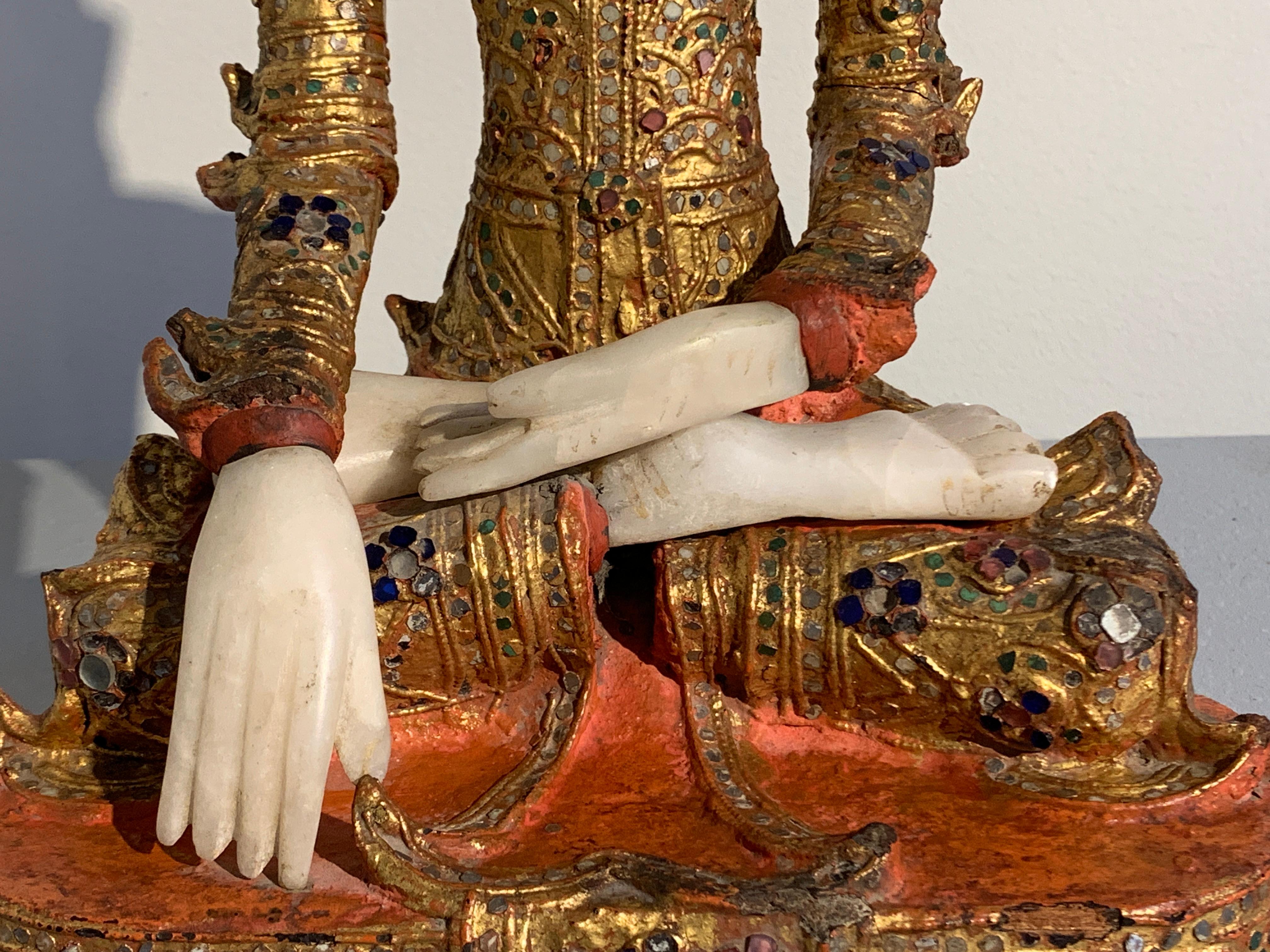 Burmese Mandalay Buddha in Royal Attire, Alabaster, Gilt Lacquer and Teak 4
