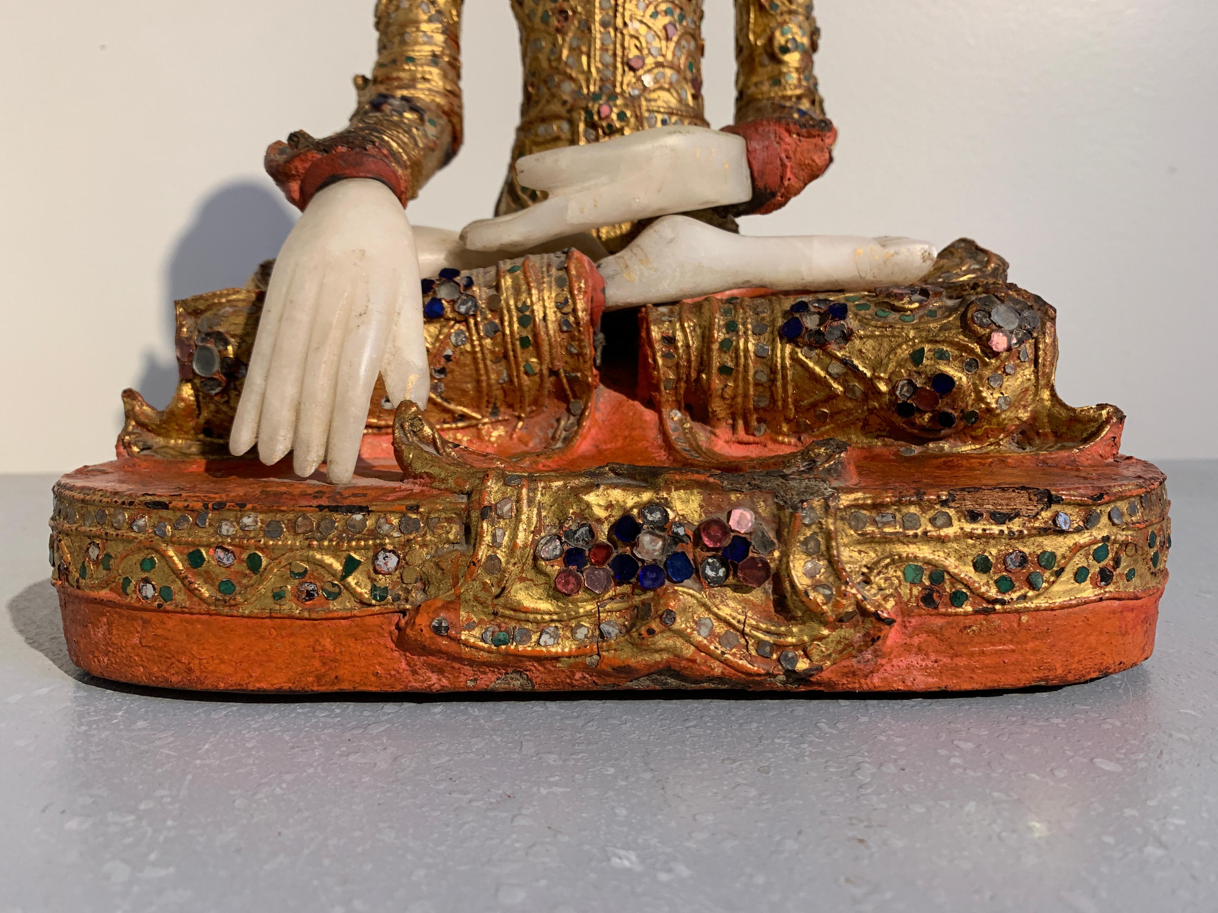 Burmese Mandalay Buddha in Royal Attire, Alabaster, Gilt Lacquer and Teak 5