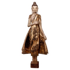 Antique Burmese Mandalay carved wood figure of the standing Buddha