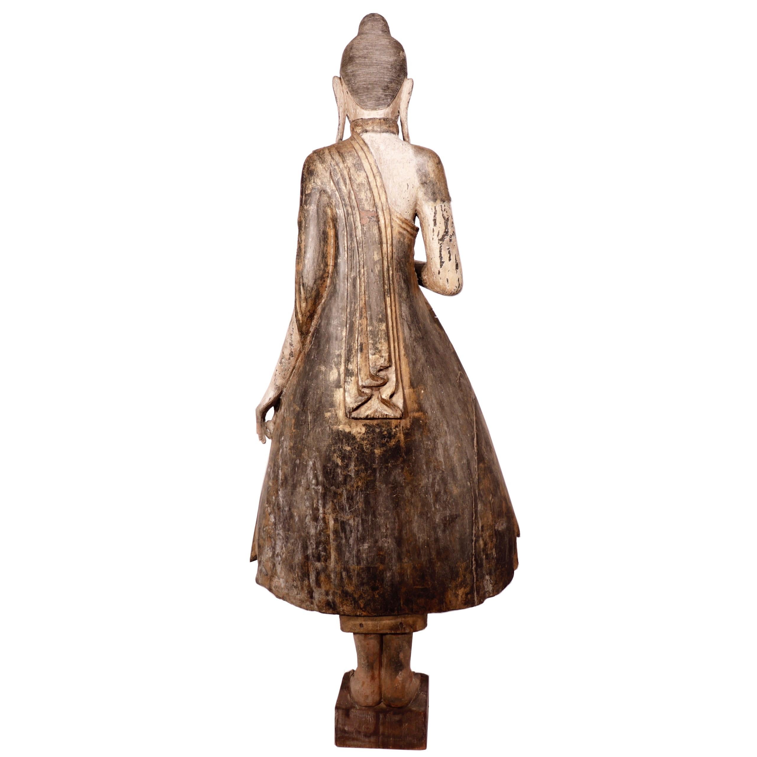 British Colonial Burmese Mandalay Carved Wood Standing Buddha Figure For Sale