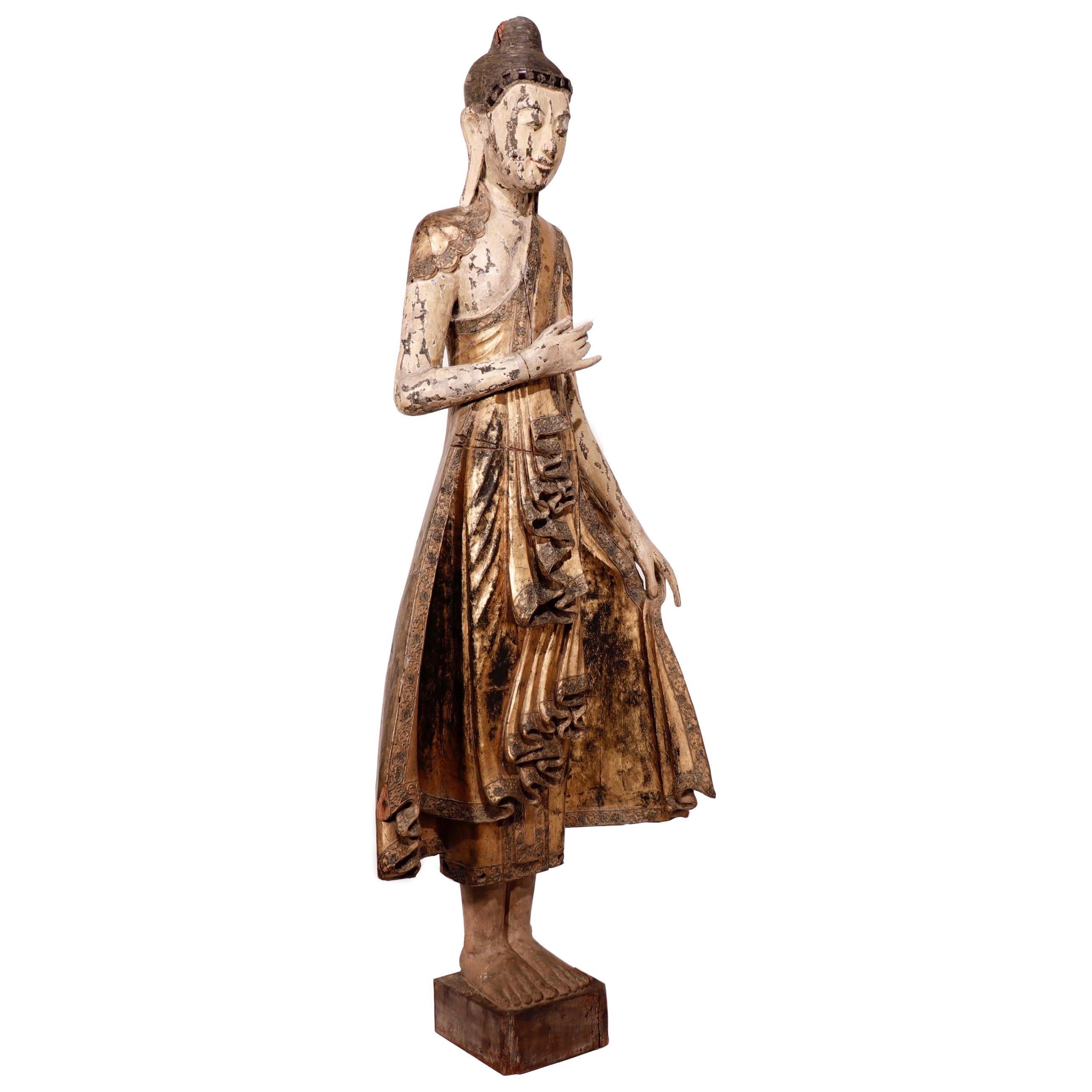 Gilt Burmese Mandalay Carved Wood Standing Buddha Figure For Sale