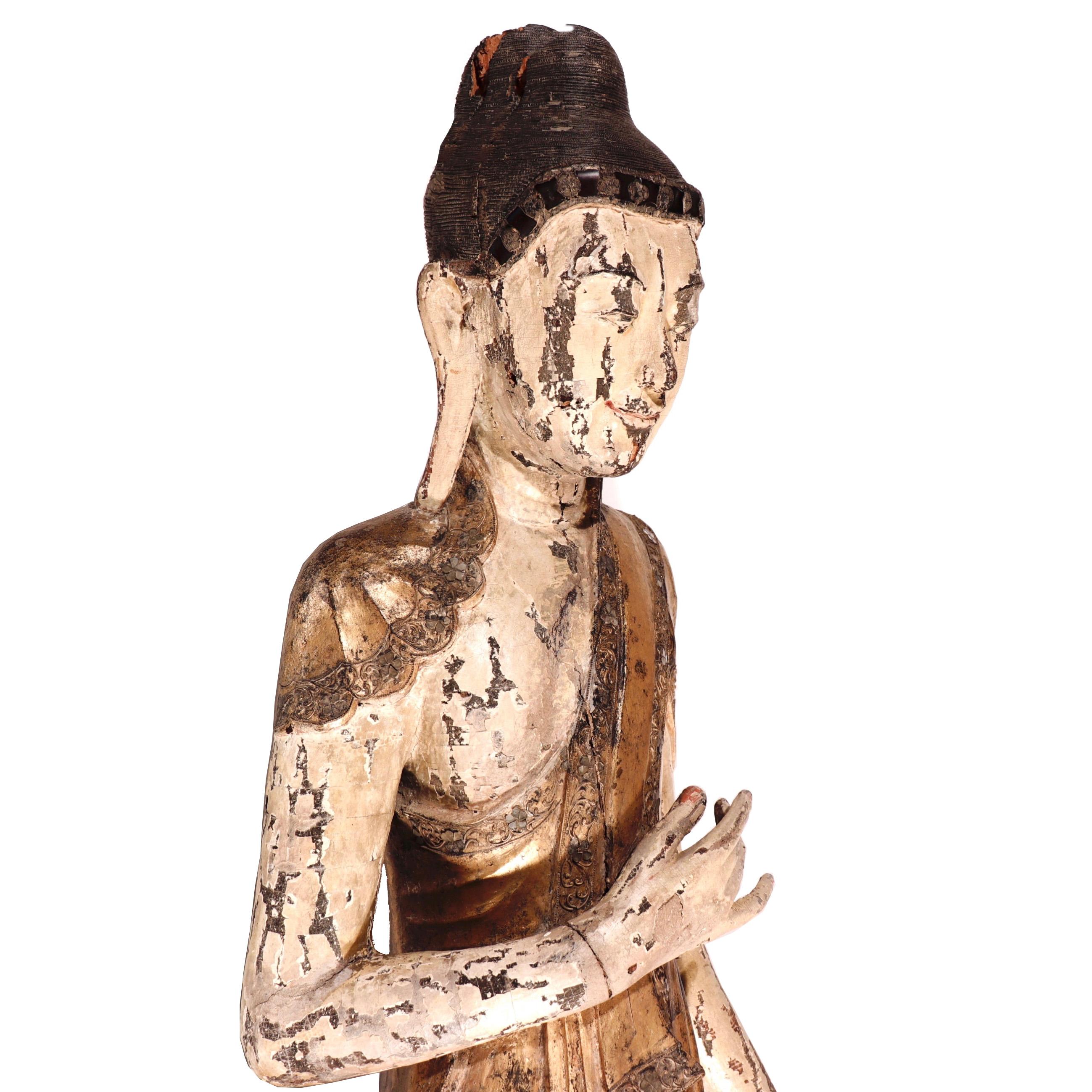 Burmese Mandalay Carved Wood Standing Buddha Figure In Good Condition For Sale In New York, NY