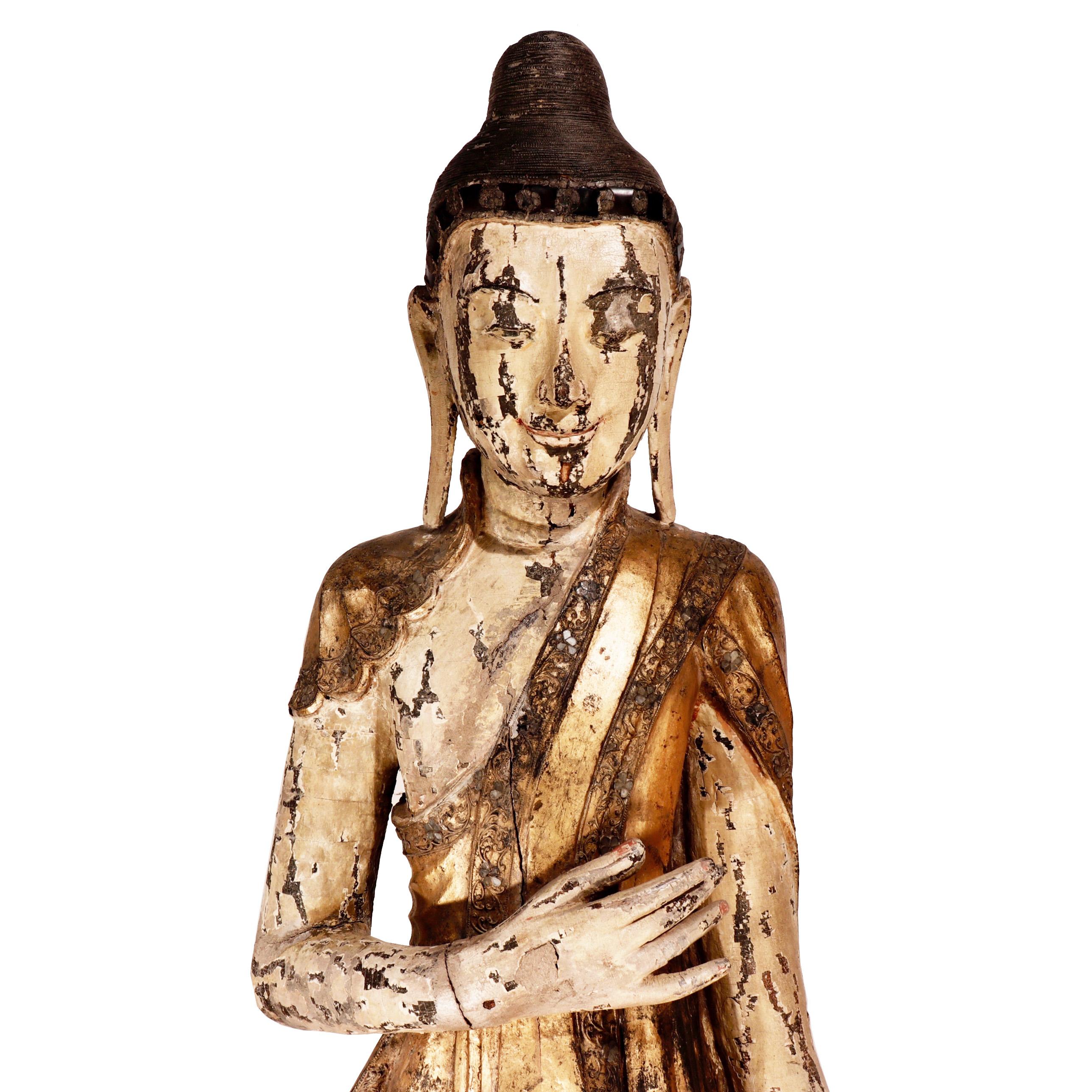 19th Century Burmese Mandalay Carved Wood Standing Buddha Figure For Sale