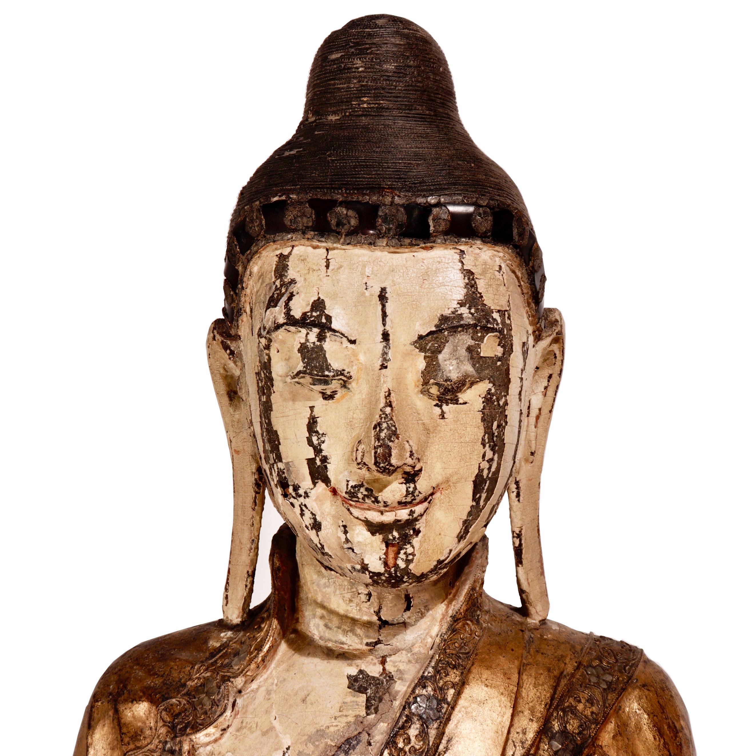 Burmese Mandalay Carved Wood Standing Buddha Figure For Sale 1