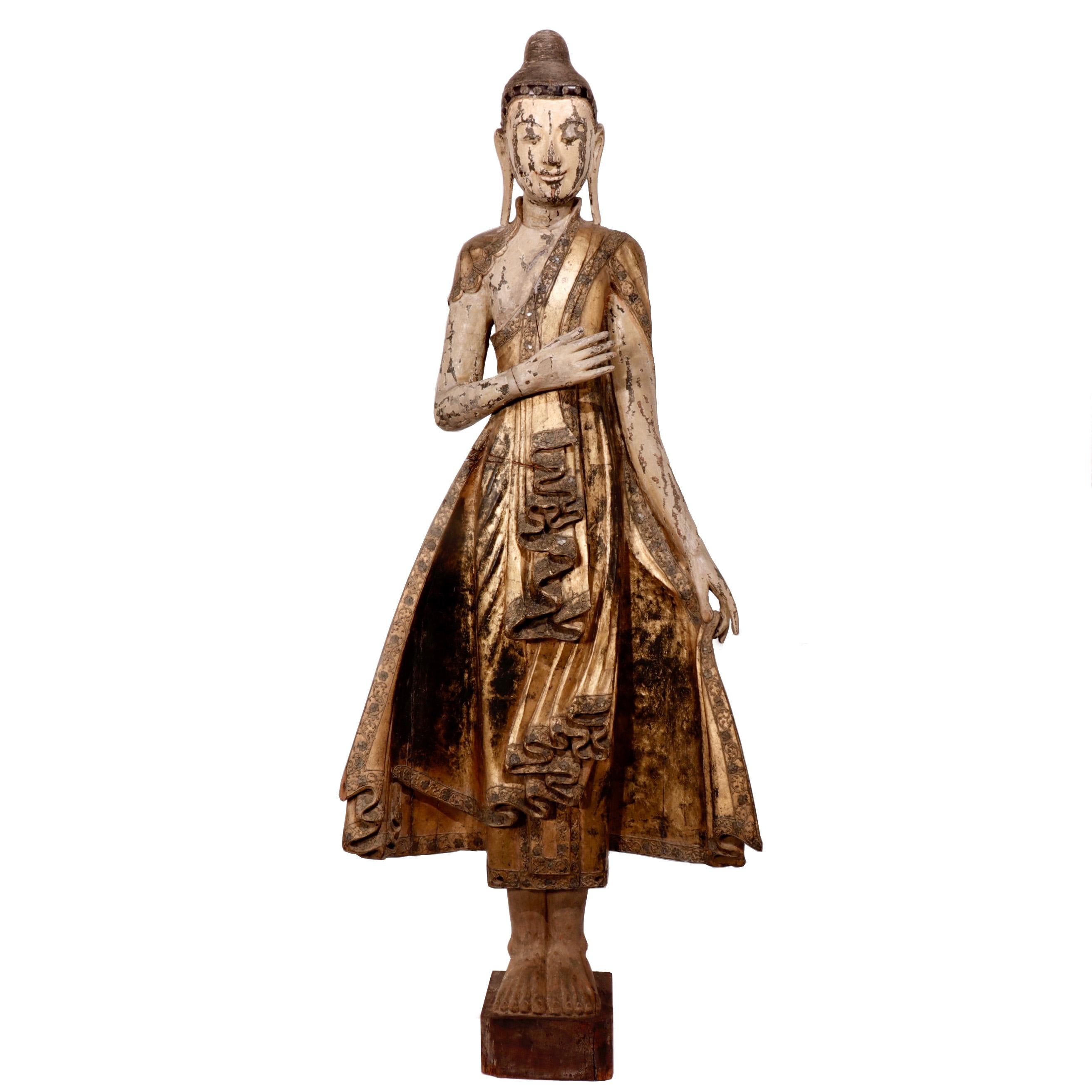 Burmese Mandalay Carved Wood Standing Buddha Figure For Sale