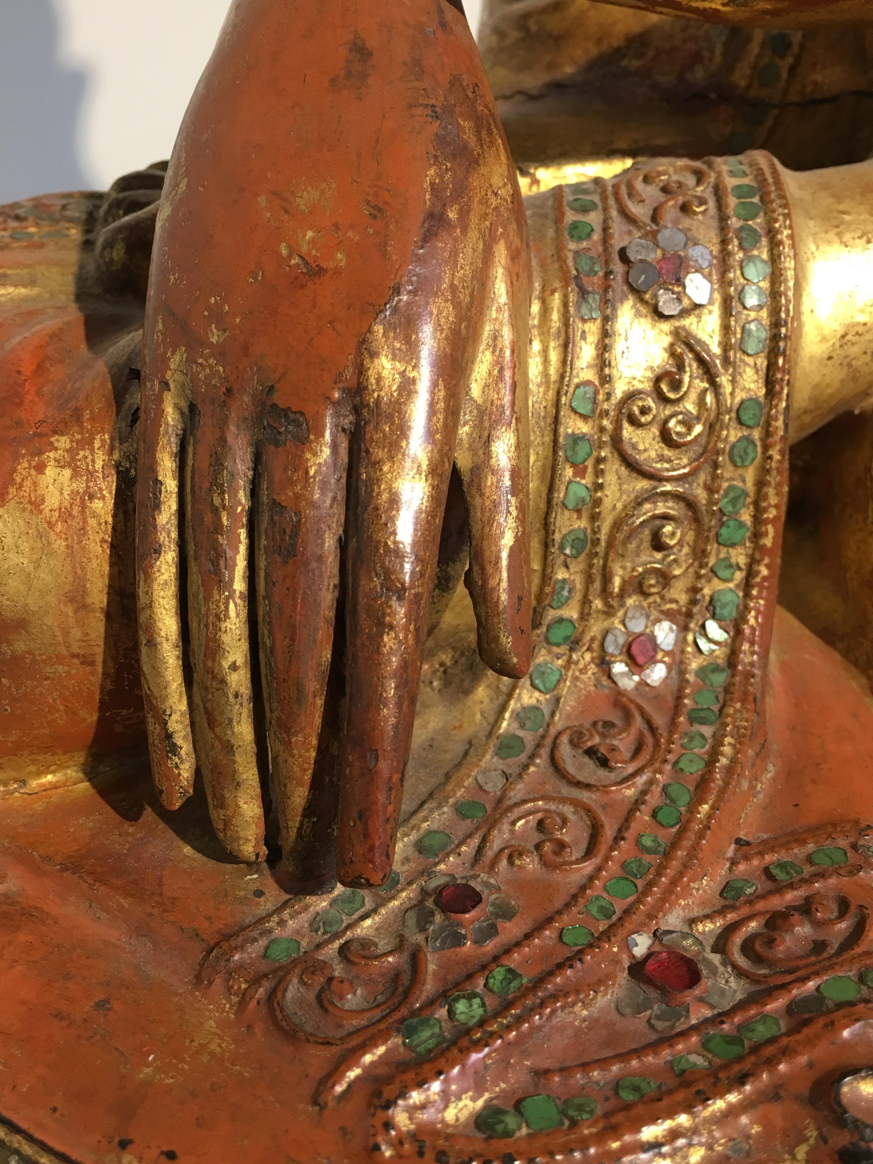 Burmese Mandalay Period Red Lacquered, Gilt and Embellished Buddha, 19th Century 5