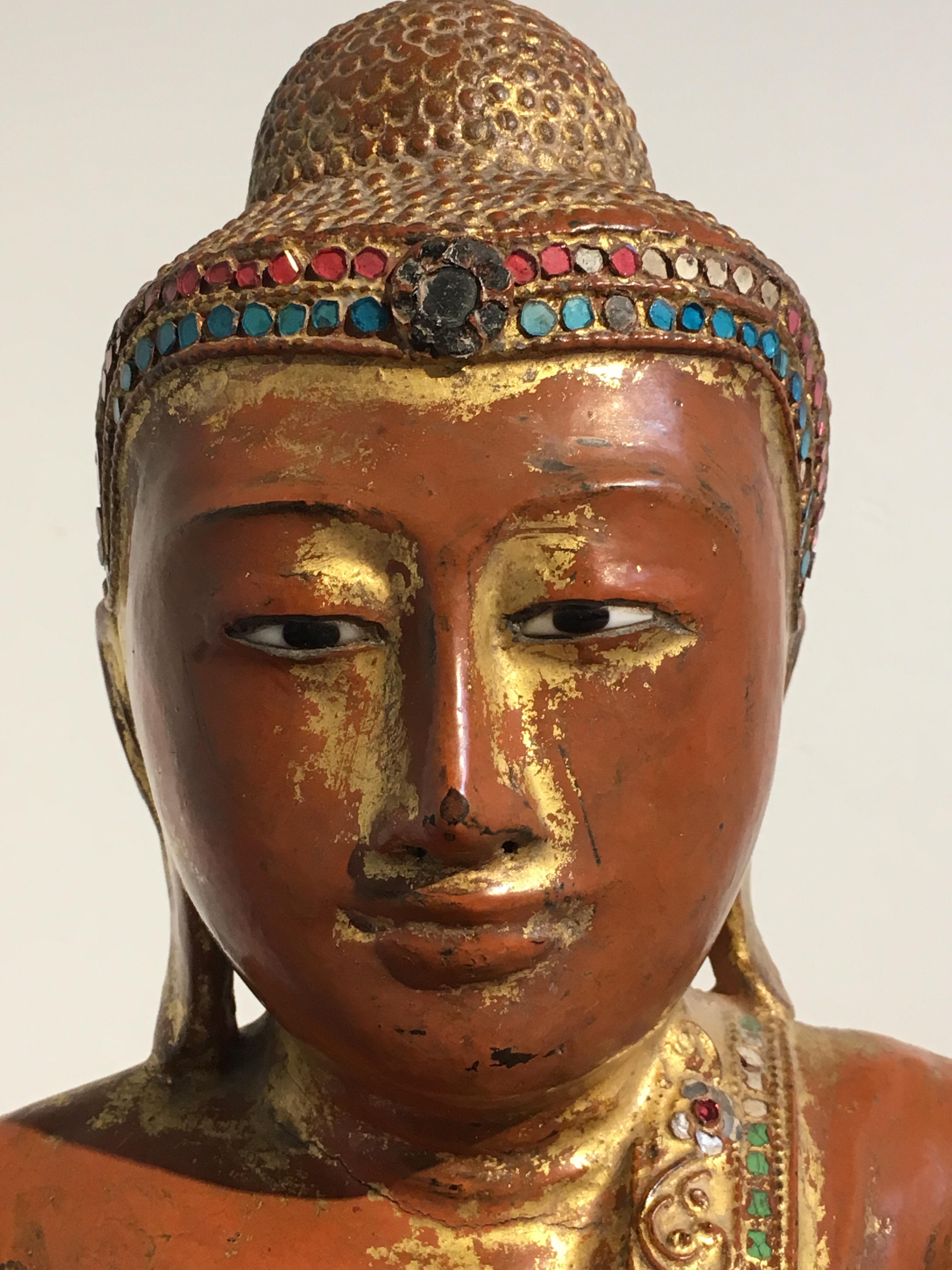 Burmese Mandalay Period Red Lacquered, Gilt and Embellished Buddha, 19th Century 2