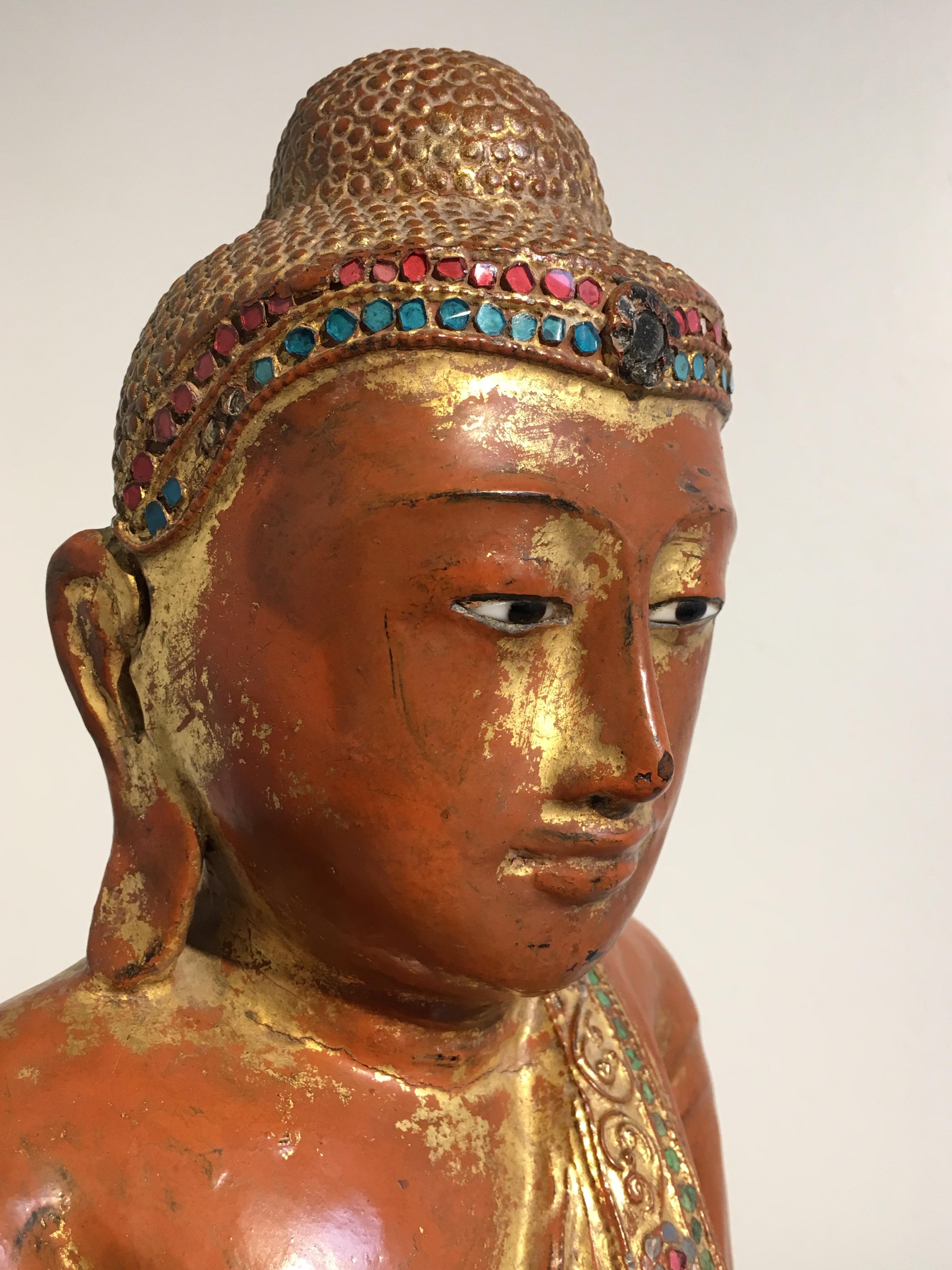 Burmese Mandalay Period Red Lacquered, Gilt and Embellished Buddha, 19th Century 3