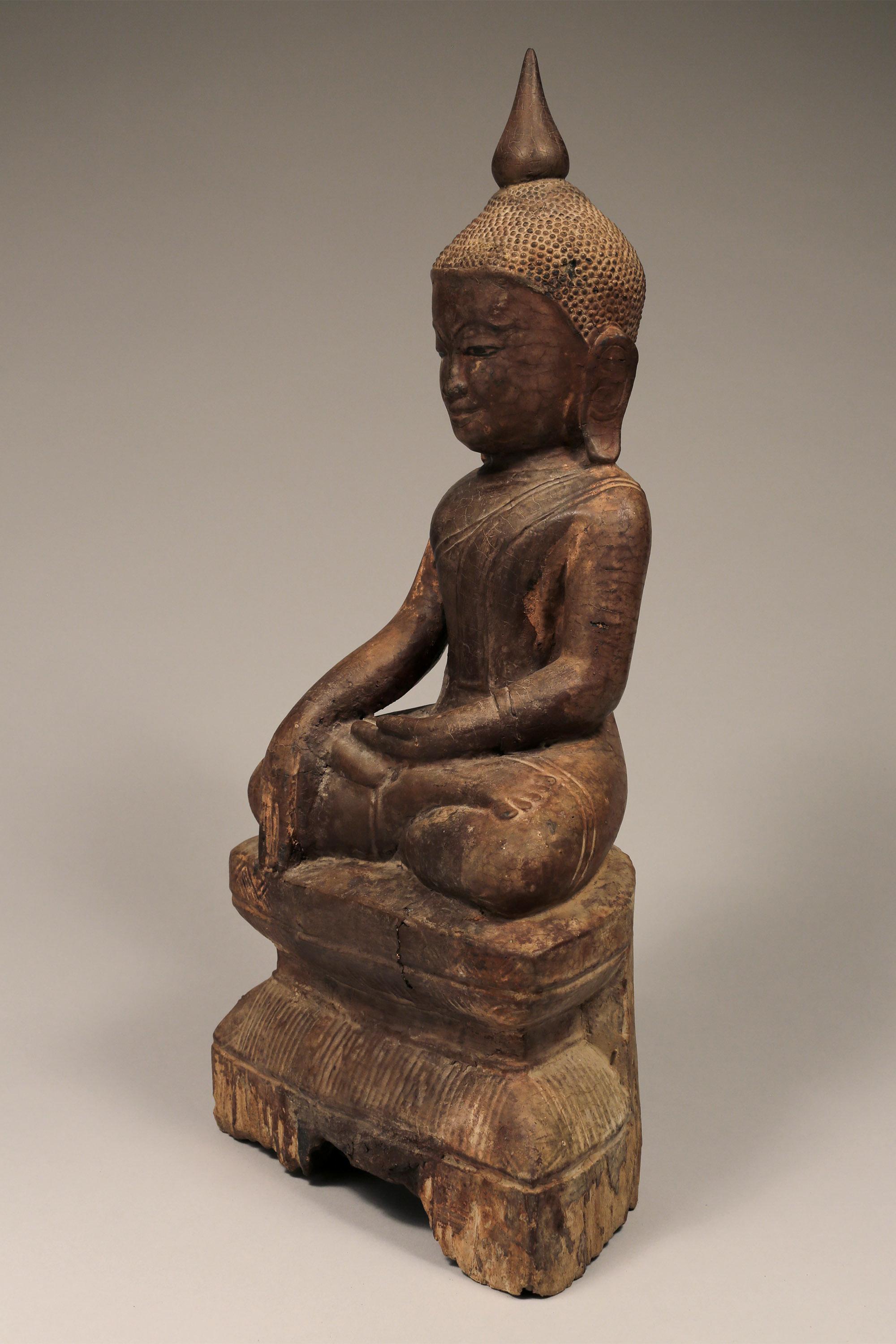 Carved Burmese Mandalay Period Seated Wooden Buddha