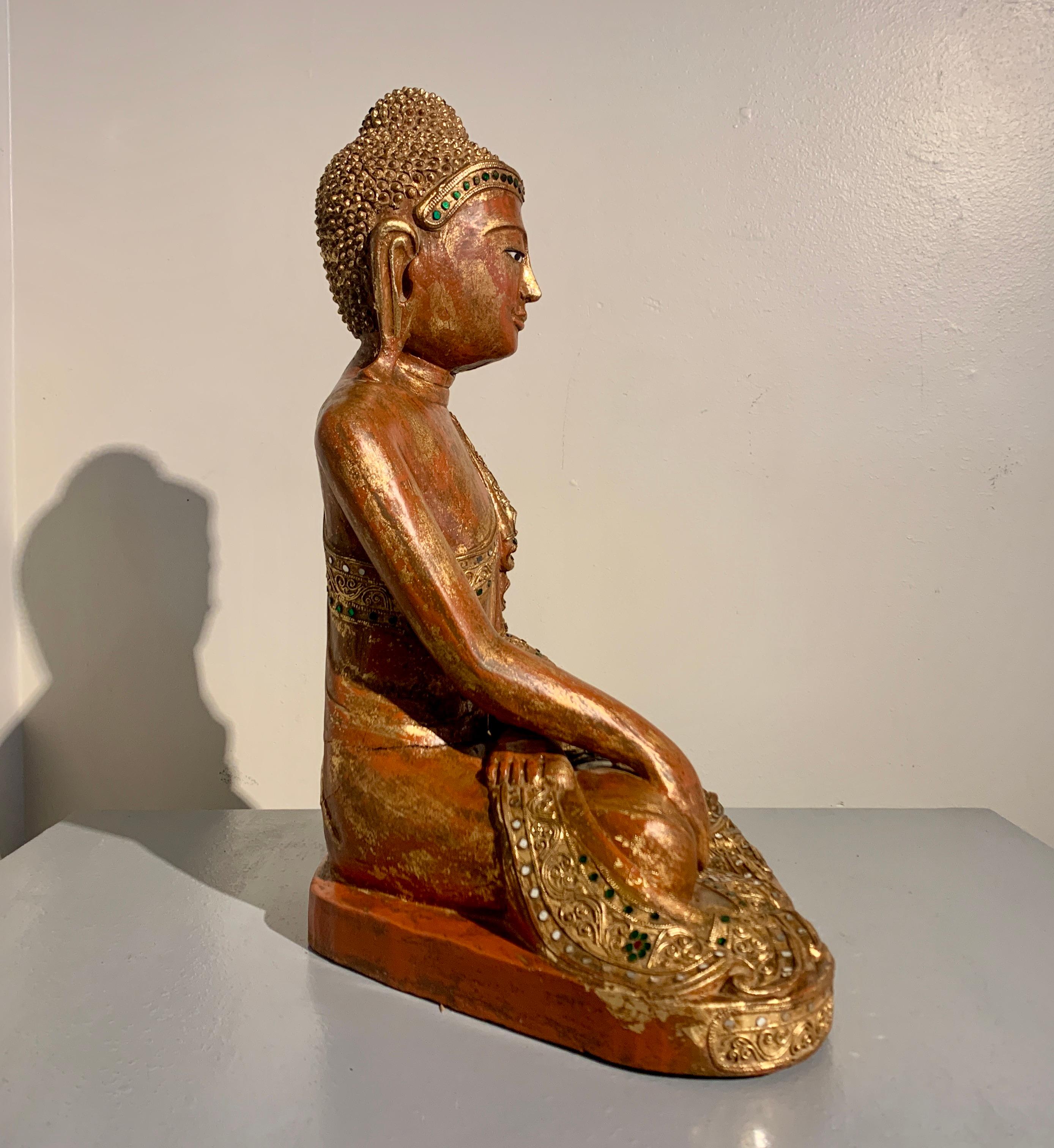 Hand-Carved Burmese Mandalay Seated Buddha, Red Lacquered, Gilt and Embellished, 19th c  For Sale