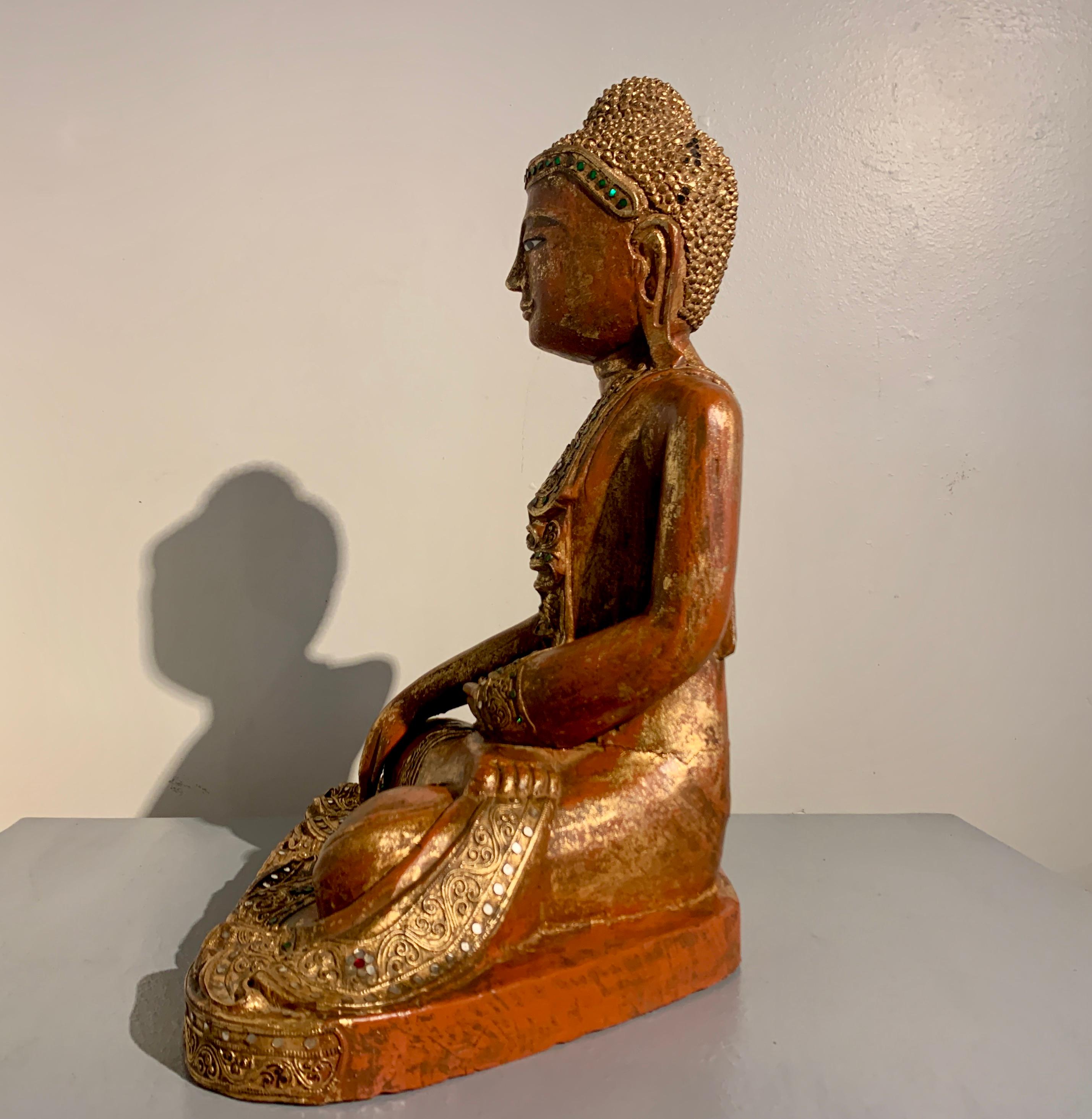 19th Century Burmese Mandalay Seated Buddha, Red Lacquered, Gilt and Embellished, 19th c  For Sale