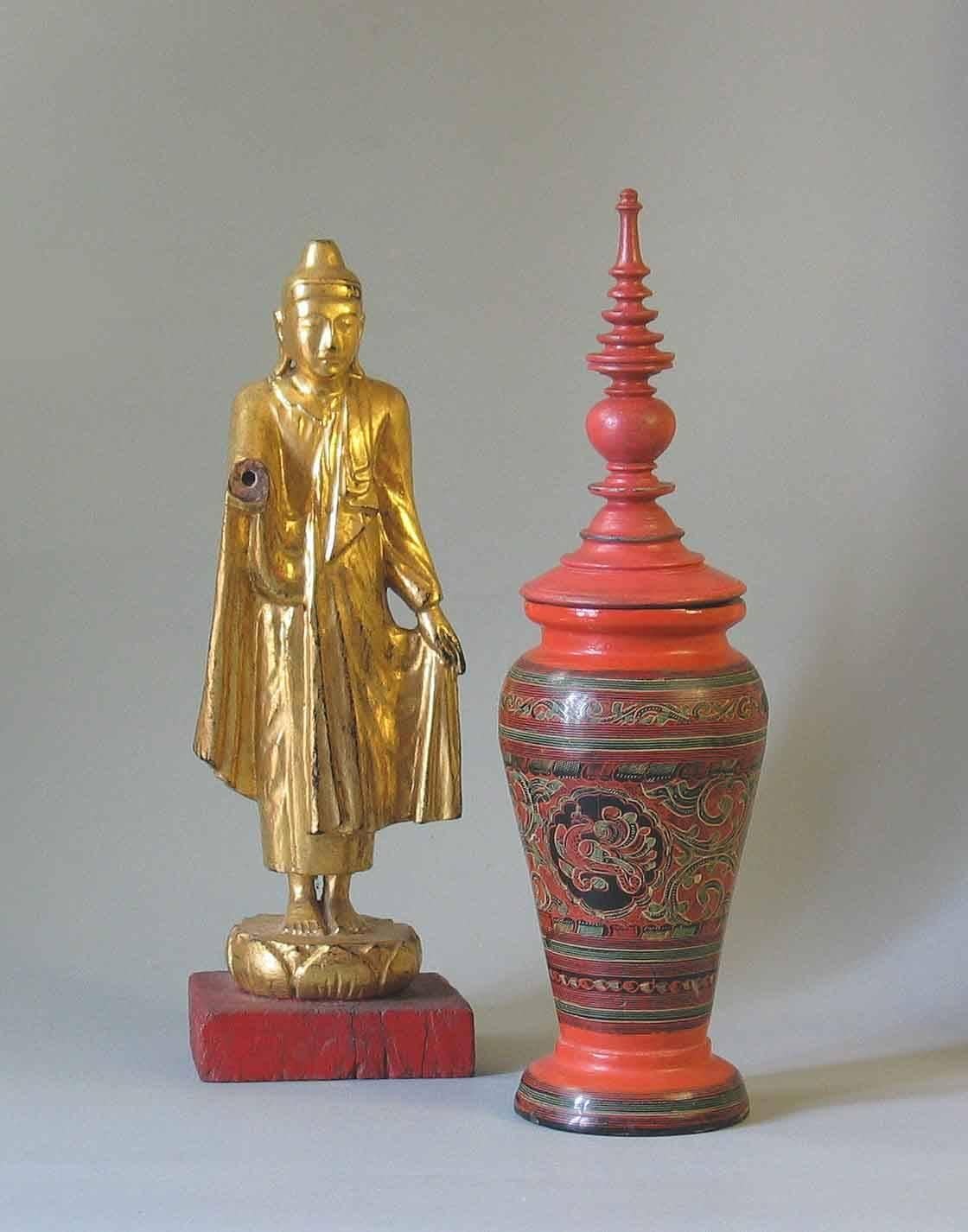 Burmese Mandalay Style Gilt Lacquered Buddha & Red Lacquer Covered Baluster Vase For Sale 3