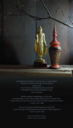 Burmese Mandalay Style Gilt Lacquered Buddha & Red Lacquer Covered Baluster Vase
