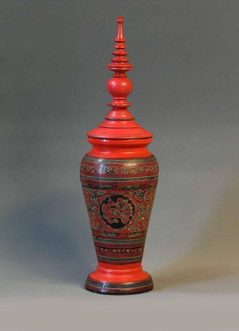 Wood Burmese Mandalay Style Gilt Lacquered Buddha & Red Lacquer Covered Baluster Vase For Sale