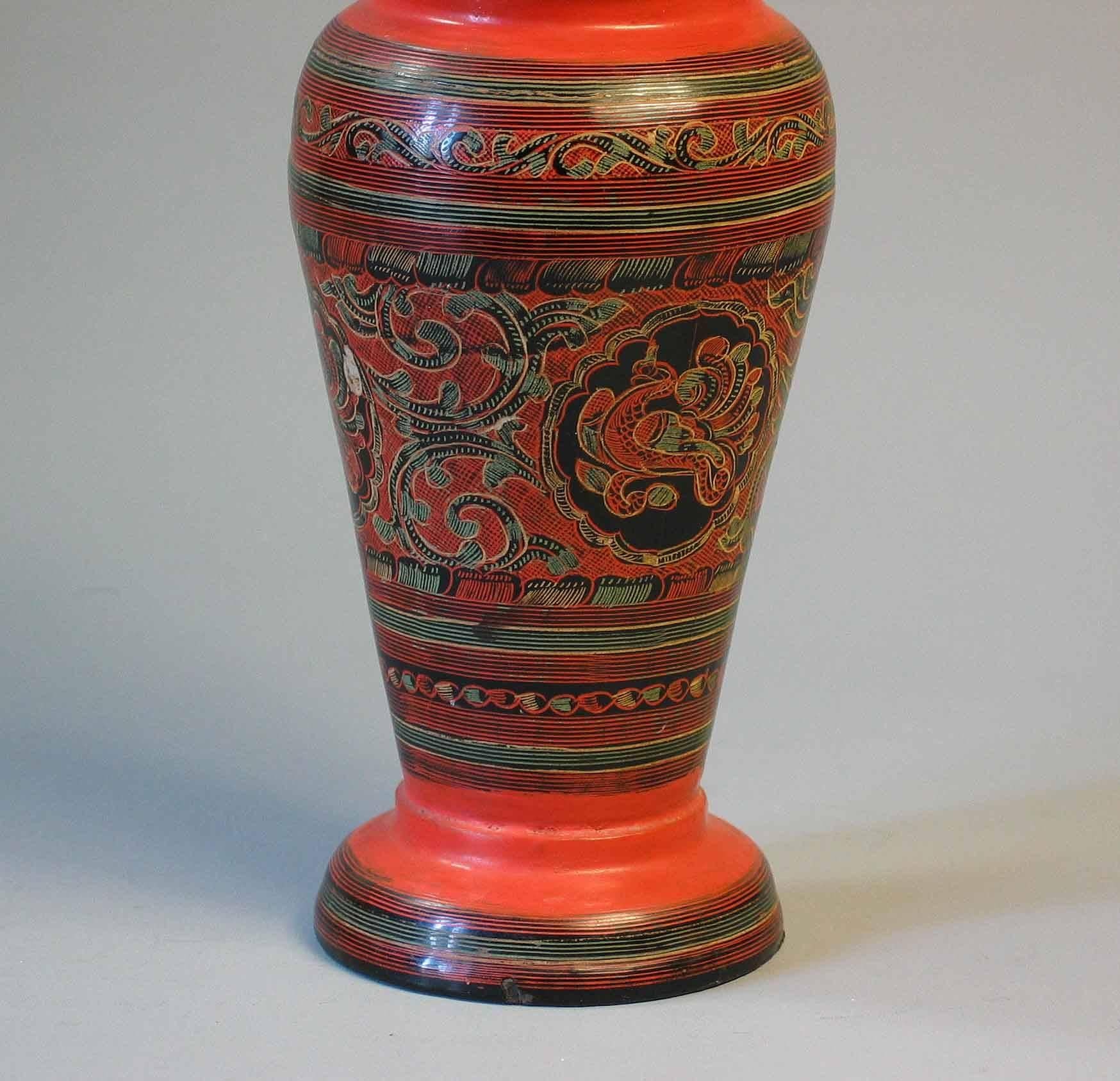 Burmese Mandalay Style Gilt Lacquered Buddha & Red Lacquer Covered Baluster Vase For Sale 1
