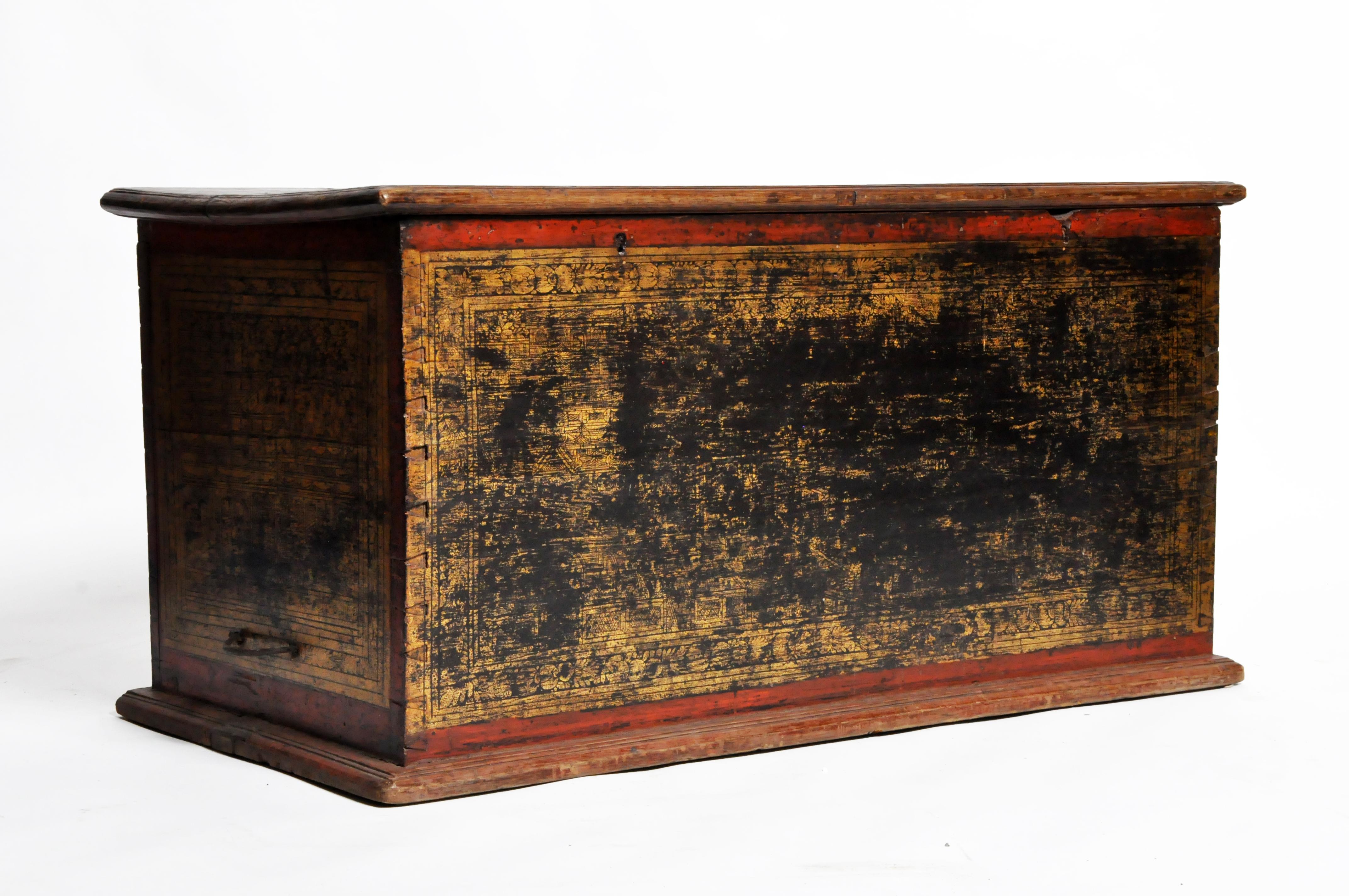 Burmese Manuscript Chest with Red Cinnabar Lacquer and Gold Leaf In Distressed Condition In Chicago, IL