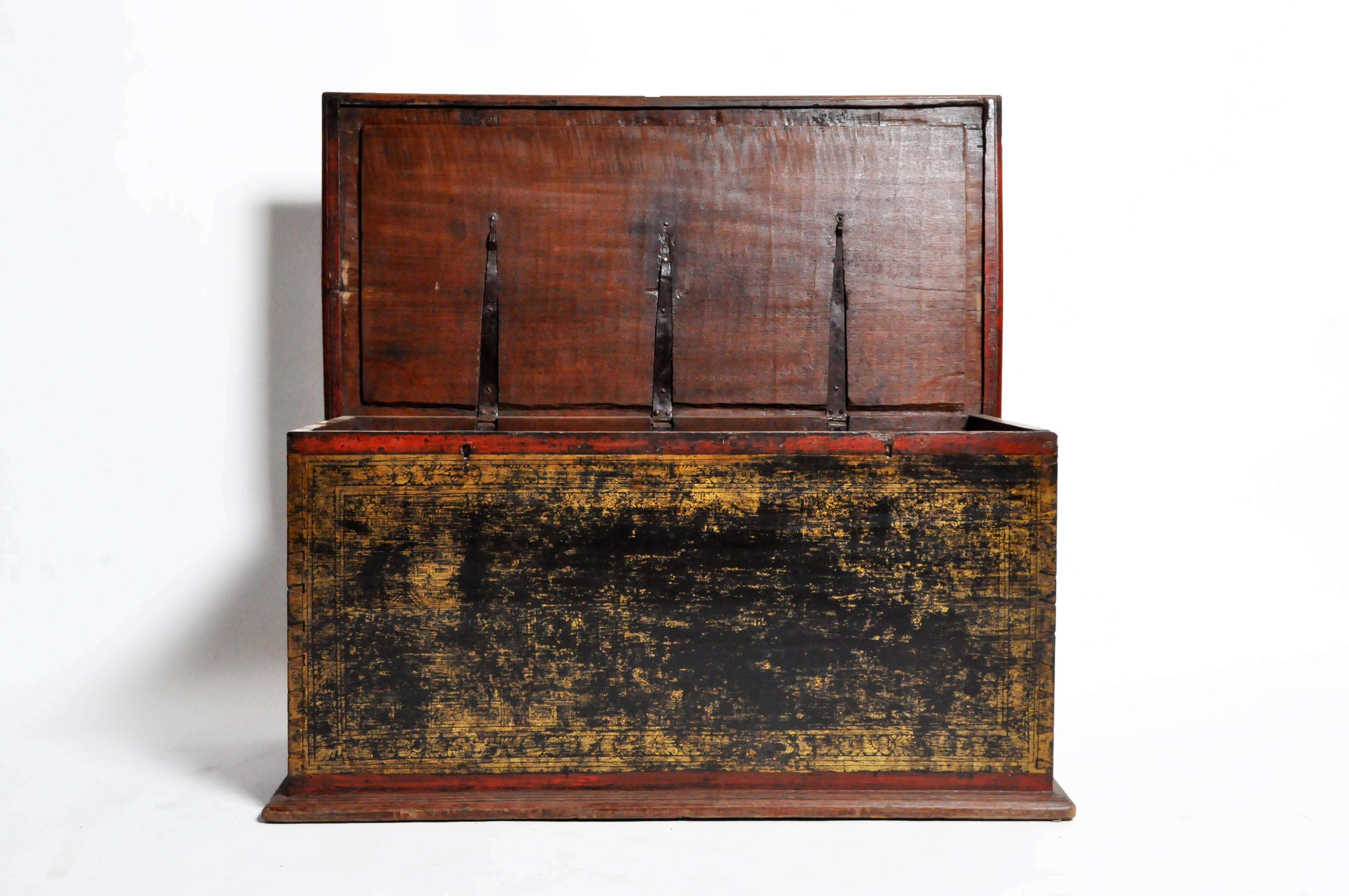 Burmese Manuscript Chest with Red Cinnabar Lacquer and Gold Leaf 2