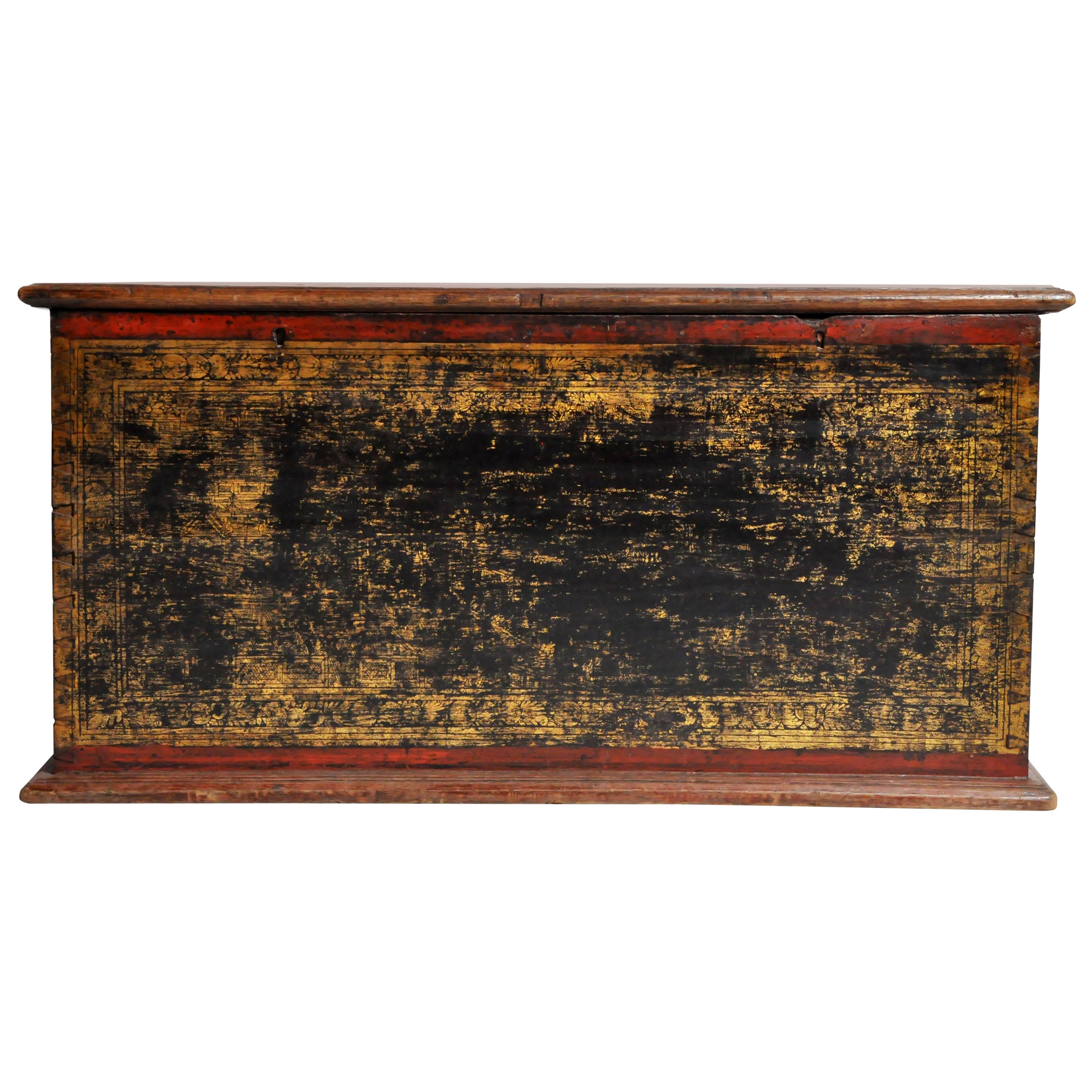 Burmese Manuscript Chest with Red Cinnabar Lacquer and Gold Leaf
