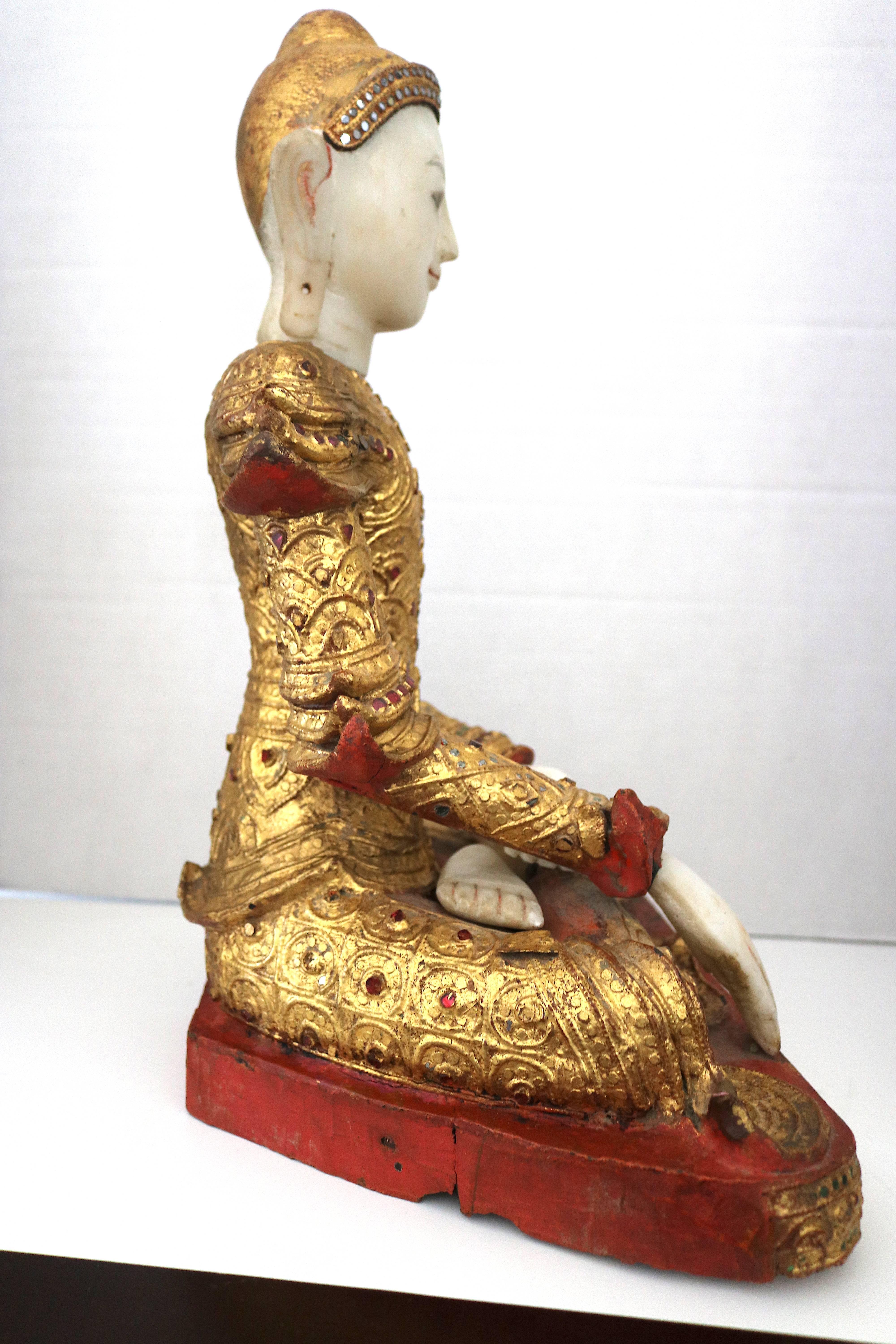 Hand-Carved Burmese Marble Giltwood Buddha in Royal Costume, 19th century For Sale