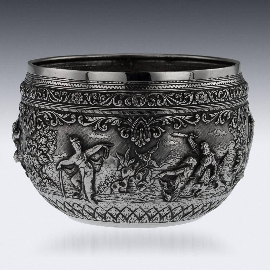 Antique early 20th century exceptionally rare Burmese, Myanmar solid silver repousse' bowls, very well made and heavy gauge, repousse' decorated in high relief with continuous scene depicting Burmese mythology. The workmanship is particularly crisp