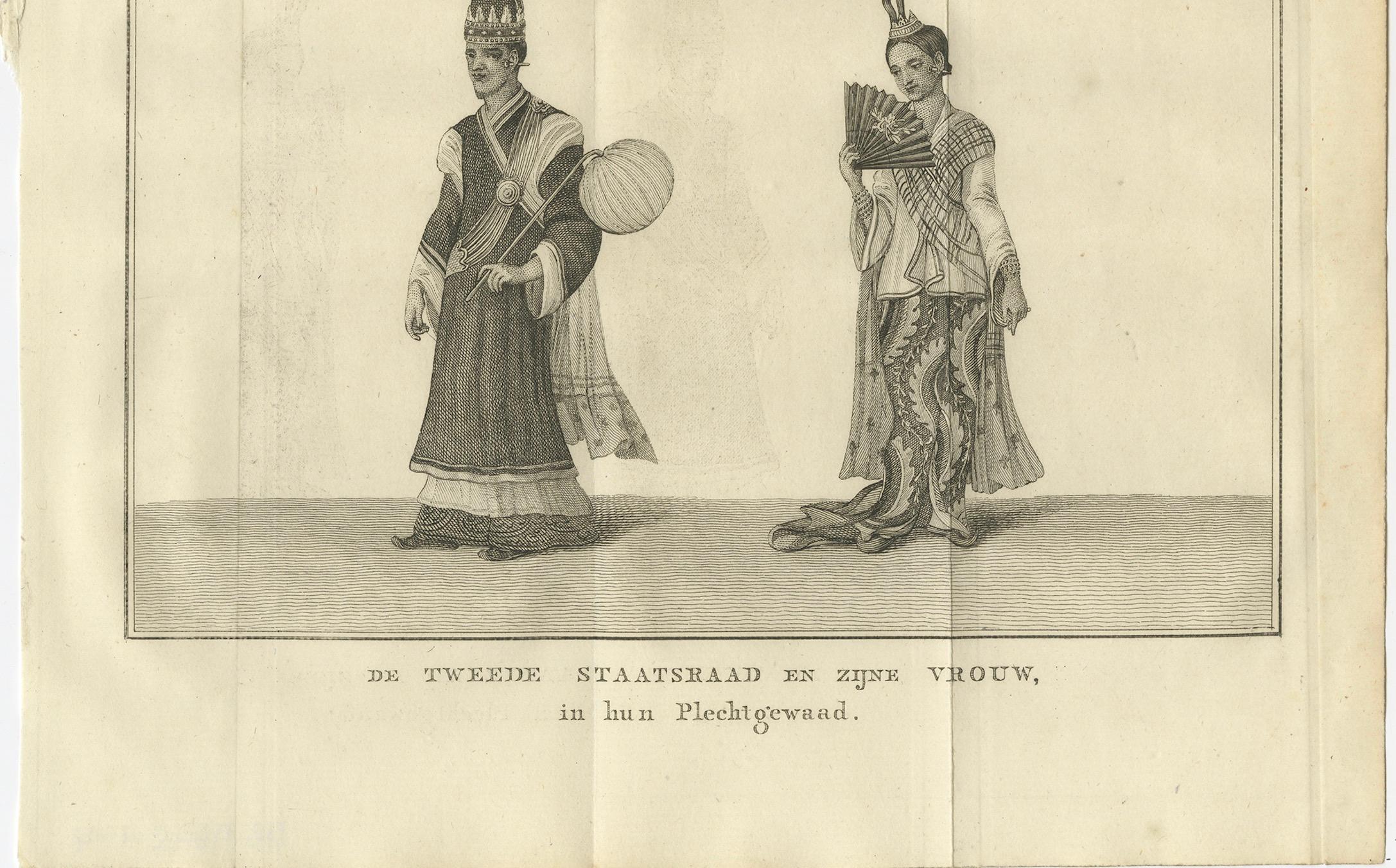 Birmesischer Minister und Ehefrau in zeremonieller Kleidung - Antiker Kostümdruck, um 1800 (Niederländisch) im Angebot