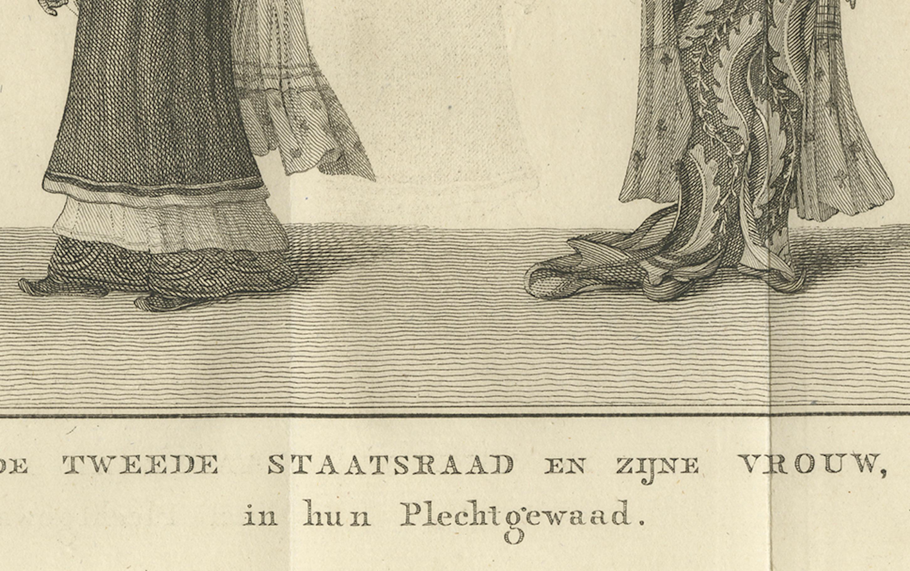 Birmesischer Minister und Ehefrau in zeremonieller Kleidung - Antiker Kostümdruck, um 1800 im Zustand „Gut“ im Angebot in Langweer, NL