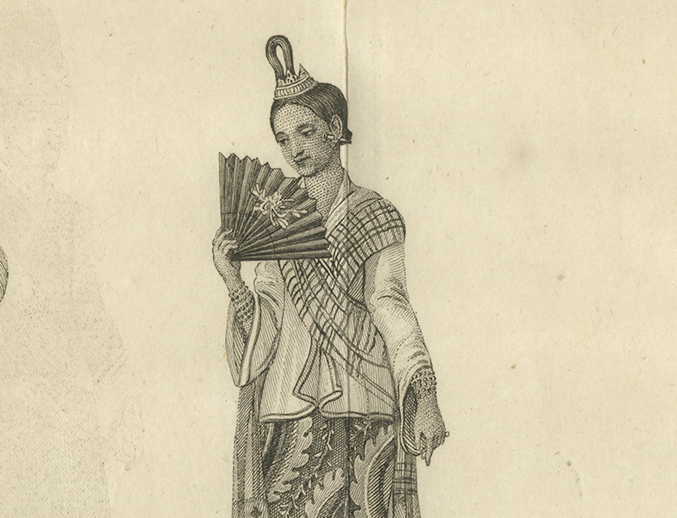 Birmesischer Minister und Ehefrau in zeremonieller Kleidung - Antiker Kostümdruck, um 1800 (19. Jahrhundert) im Angebot