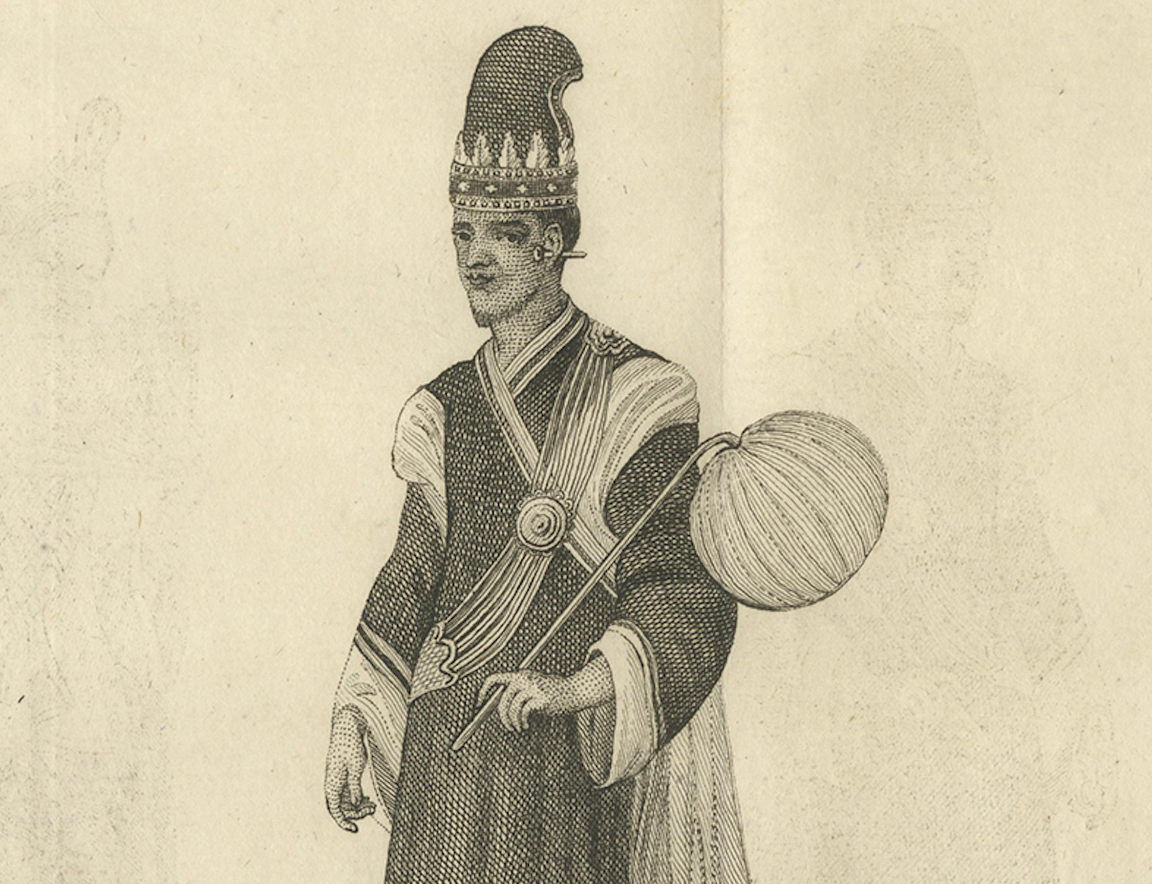 Birmesischer Minister und Ehefrau in zeremonieller Kleidung - Antiker Kostümdruck, um 1800 (Papier) im Angebot