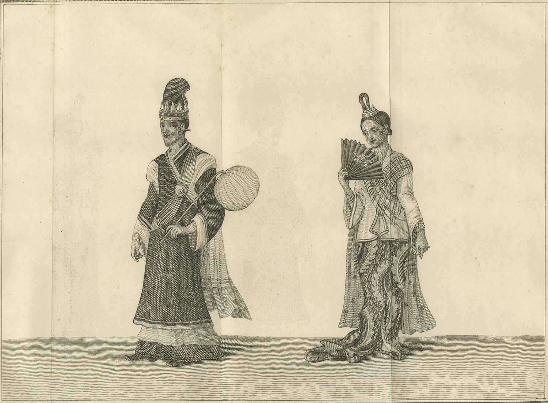 Birmesischer Minister und Ehefrau in zeremonieller Kleidung - Antiker Kostümdruck, um 1800 im Angebot 1