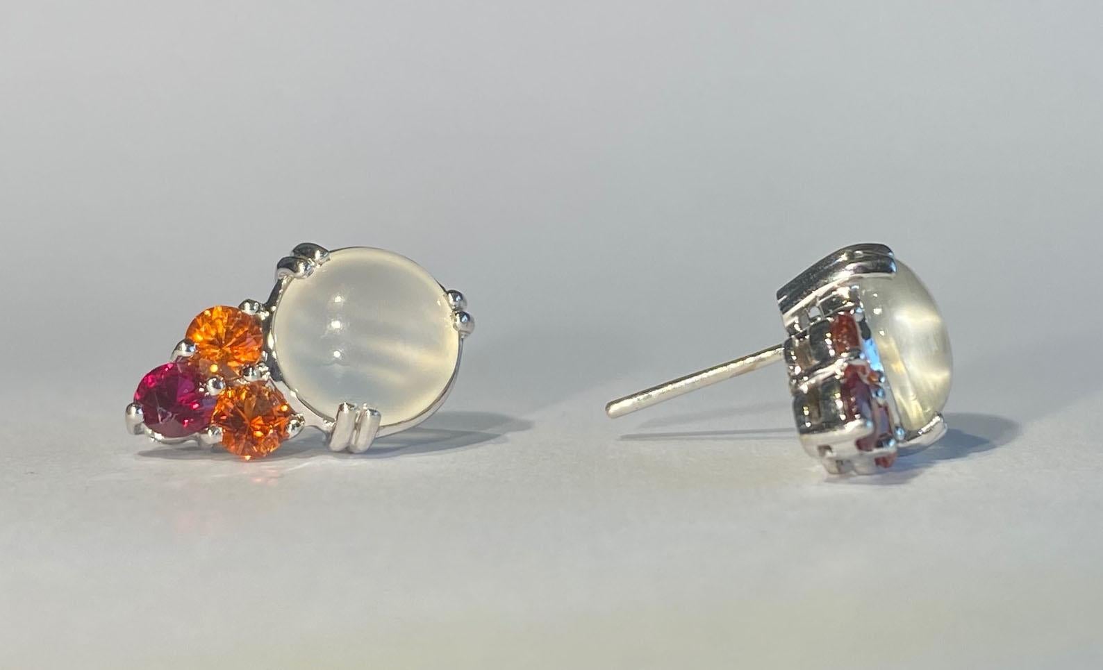 Burmese Moonstone Earrings with Cultured Orange Sapphire & Ruby For Sale 4
