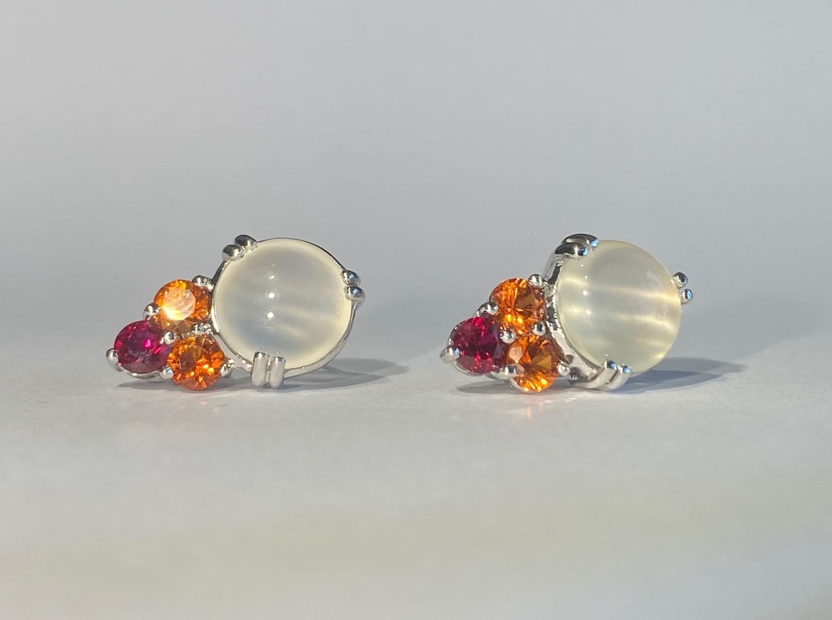Burmese Moonstone Earrings with Cultured Orange Sapphire & Ruby For Sale 5