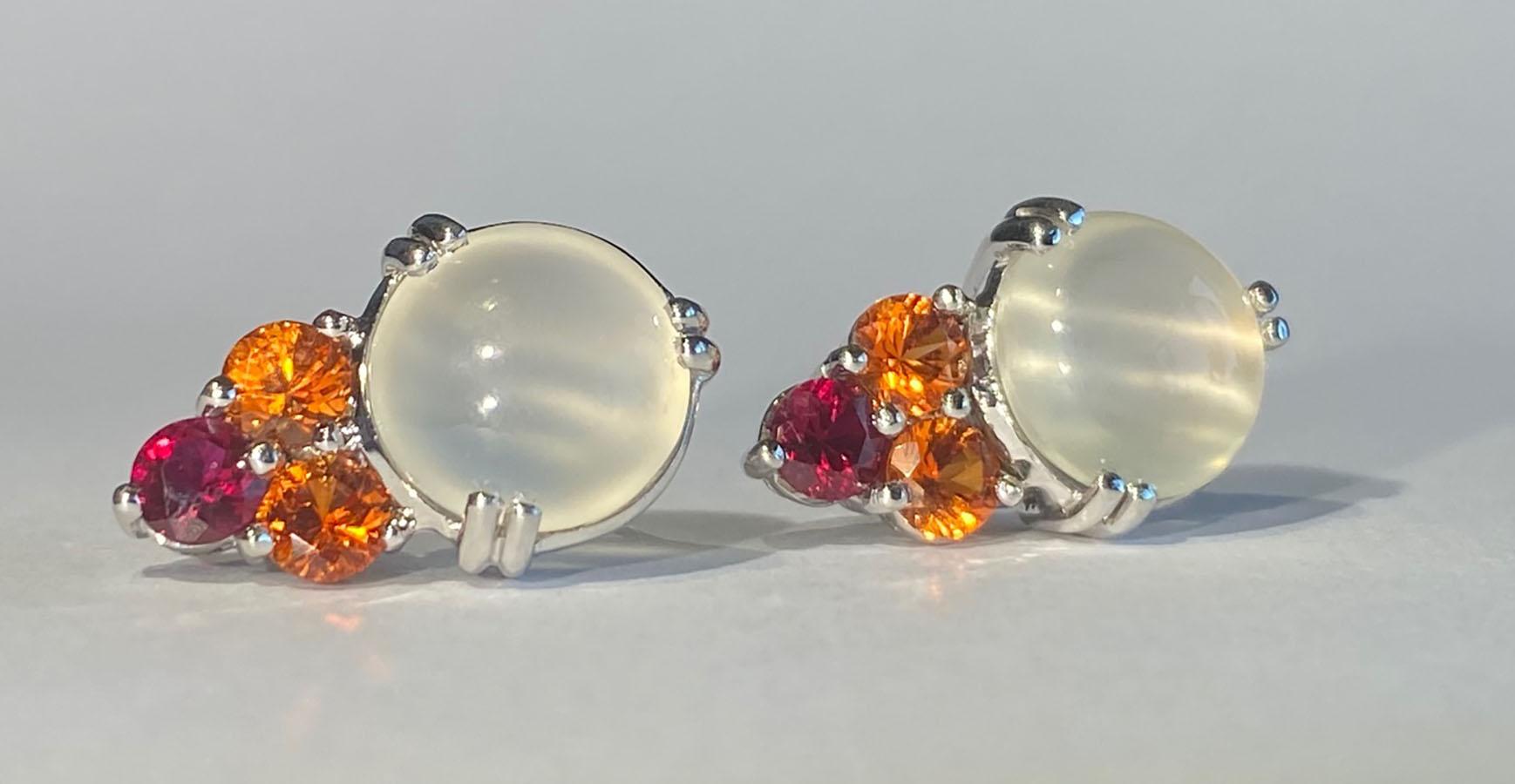 Burmese Moonstone Earrings with Cultured Orange Sapphire & Ruby For Sale 6