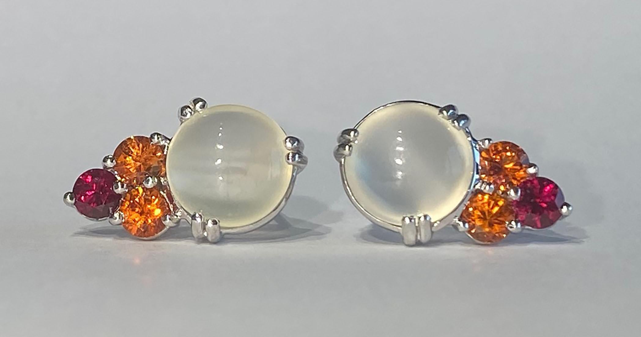 Contemporary Burmese Moonstone Earrings with Cultured Orange Sapphire & Ruby For Sale