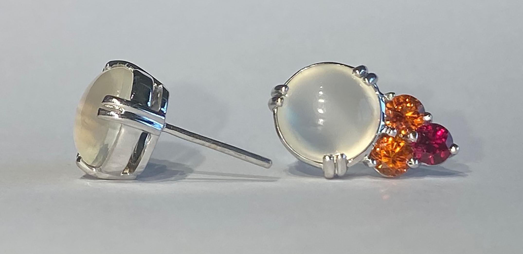 Cabochon Burmese Moonstone Earrings with Cultured Orange Sapphire & Ruby For Sale