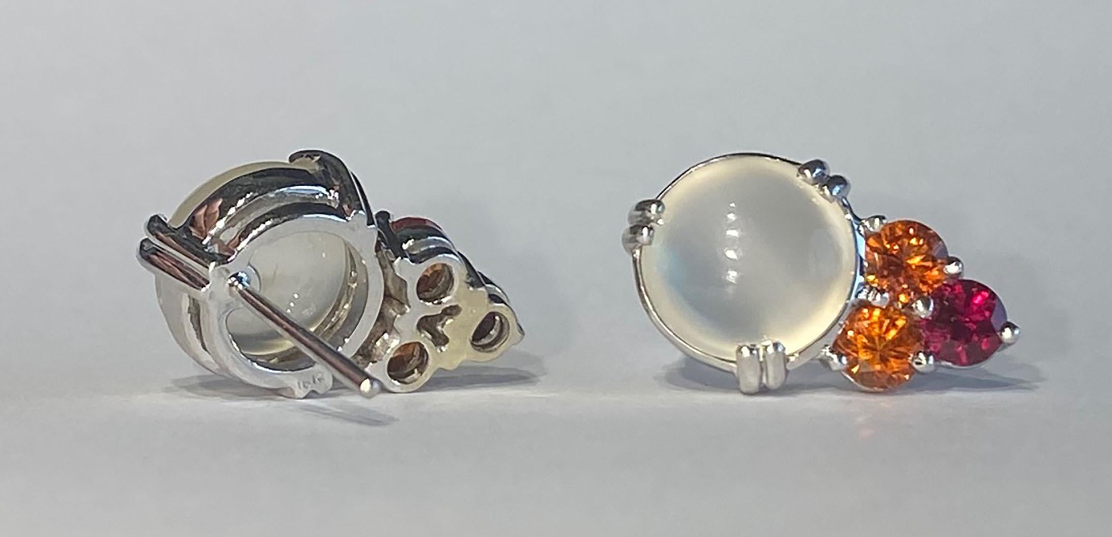 Burmese Moonstone Earrings with Cultured Orange Sapphire & Ruby In New Condition For Sale In Coupeville, WA