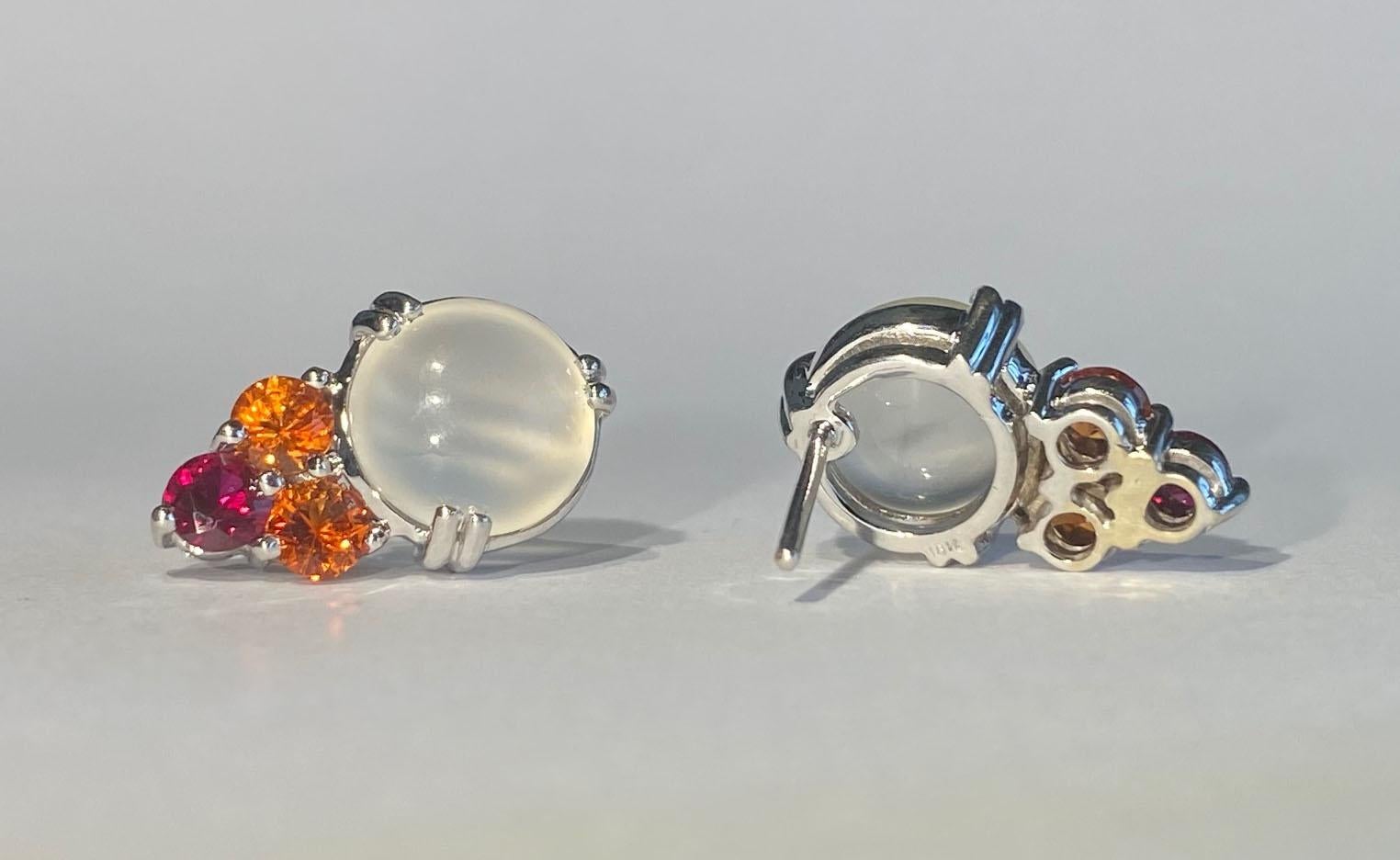 Burmese Moonstone Earrings with Orange Sapphire & Ruby 2