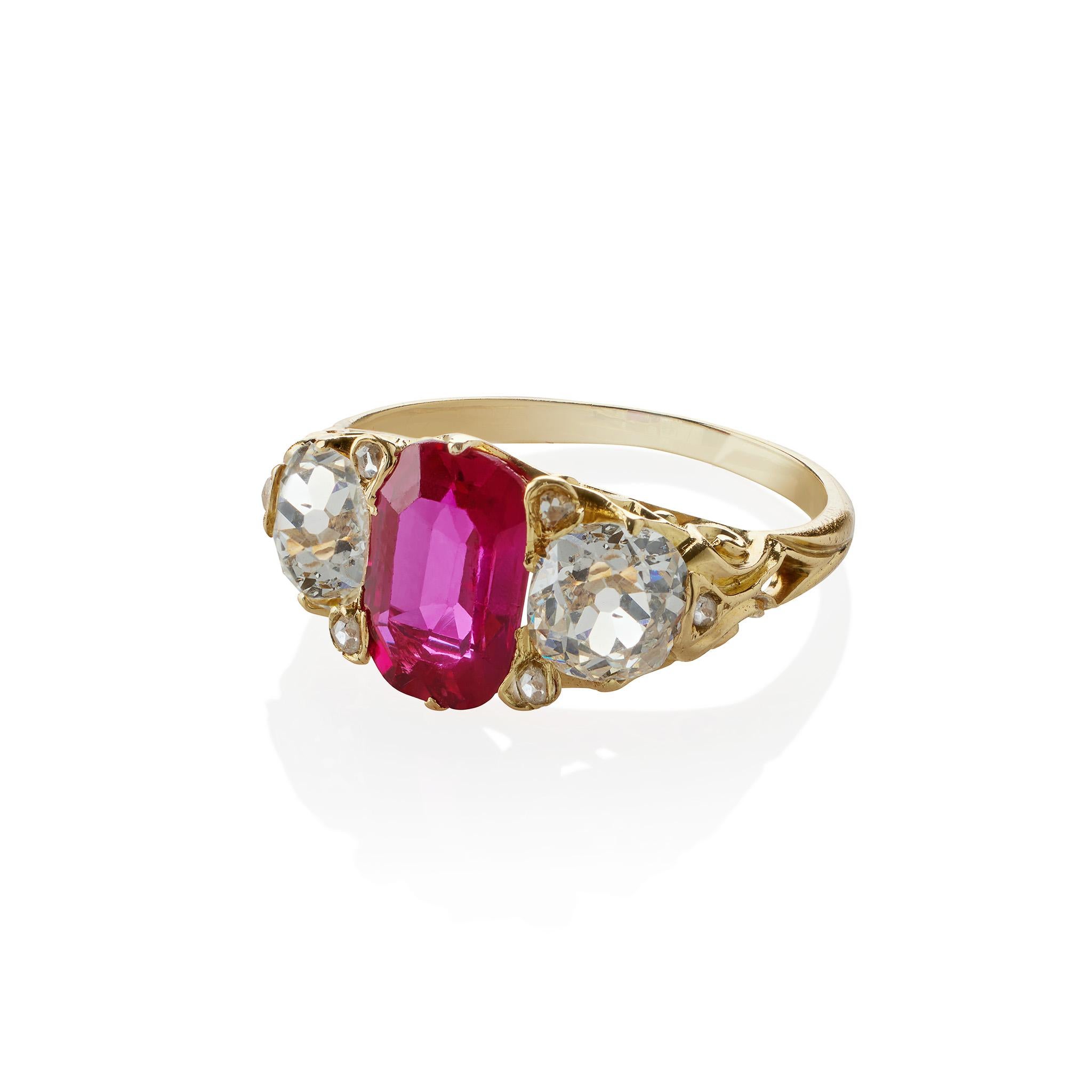 Victorian Burmese Natural No Heat Ruby and Old Mine-cut Diamond Ring For Sale