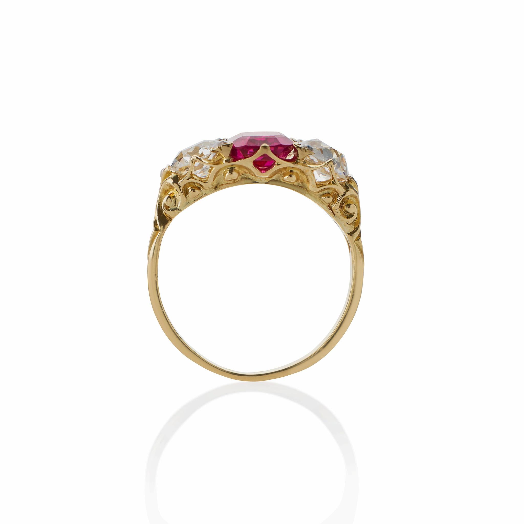 Old Mine Cut Burmese Natural No Heat Ruby and Old Mine-cut Diamond Ring For Sale