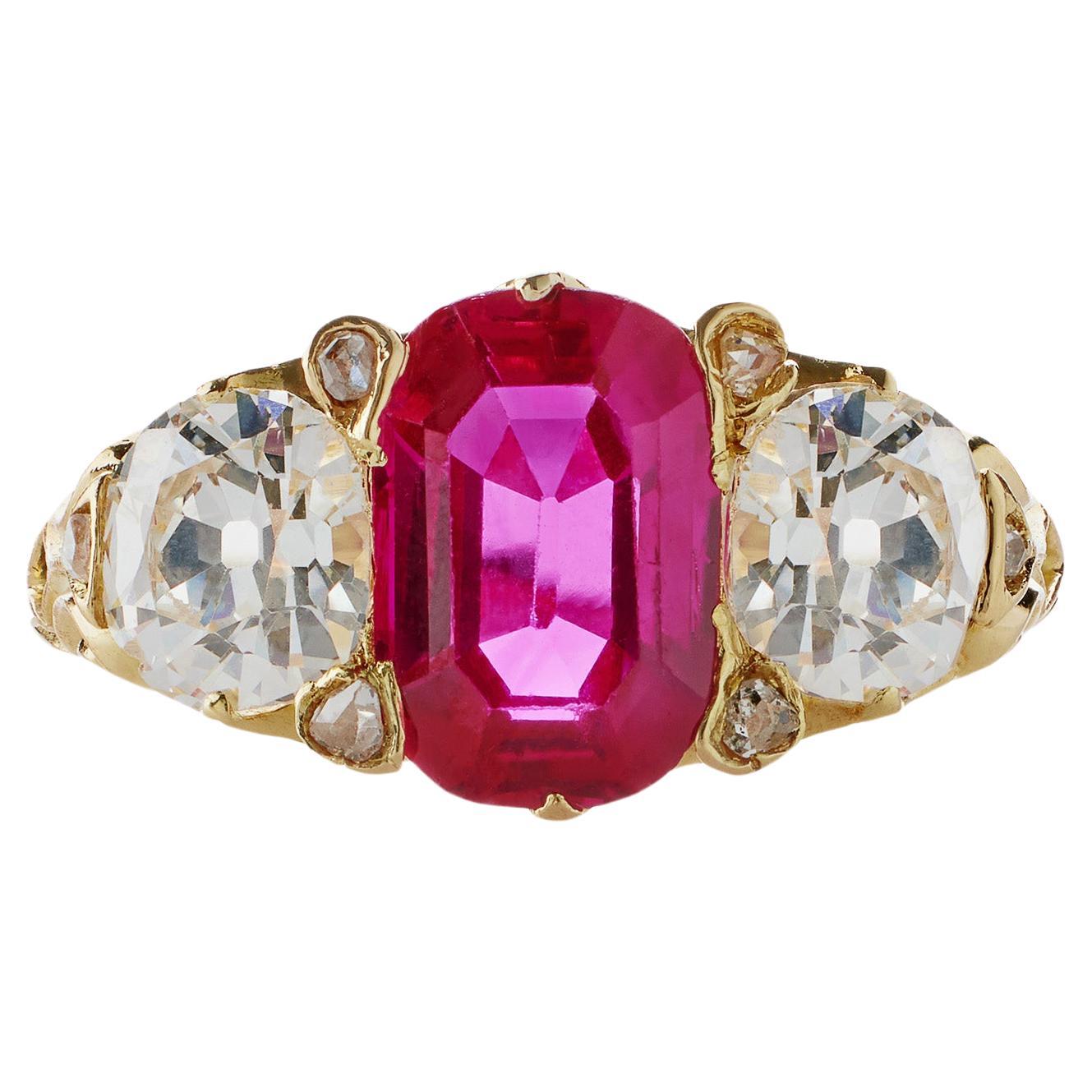 Burmese Natural No Heat Ruby and Old Mine-cut Diamond Ring For Sale