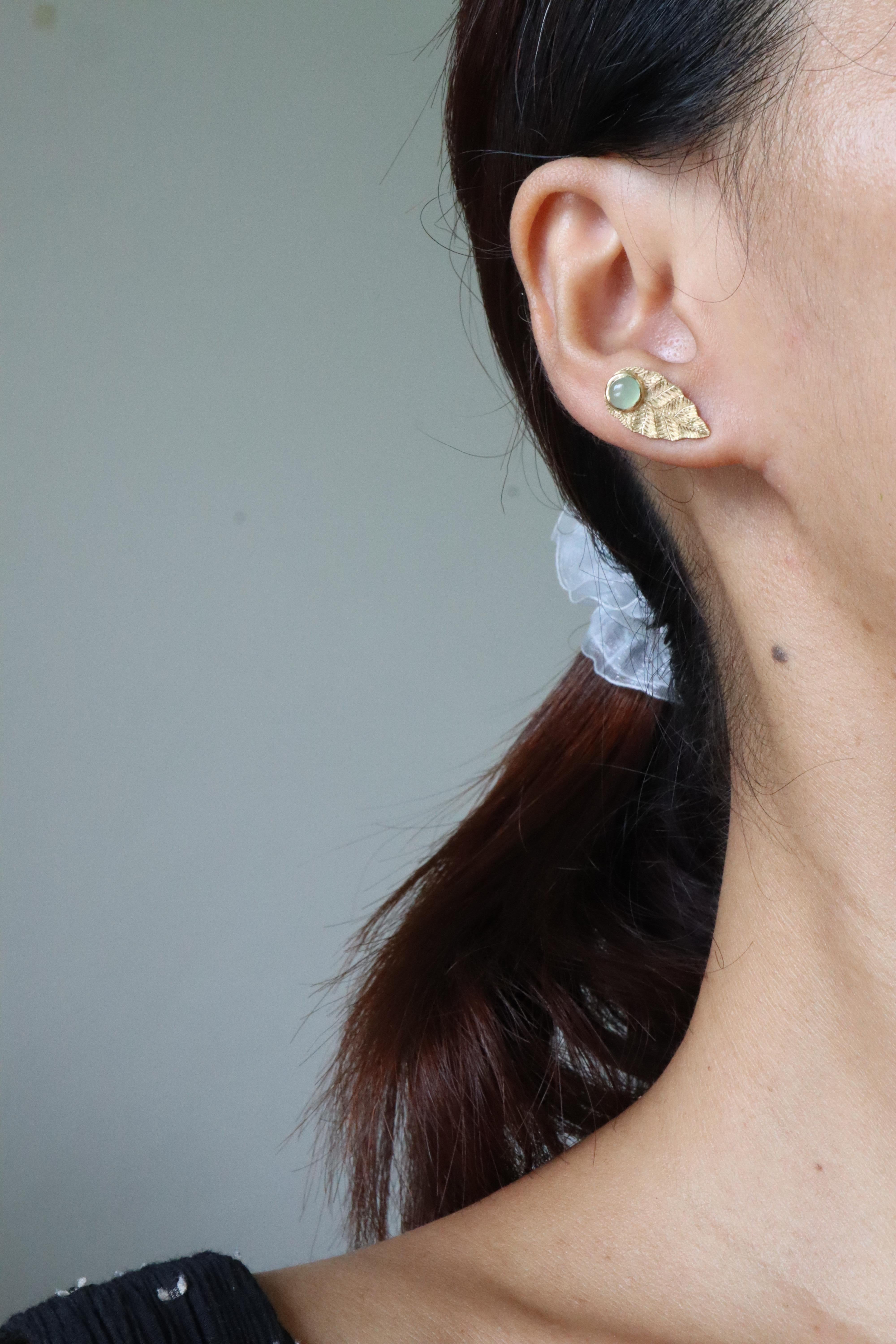 Art Deco Burmese Natural Type A Jade with Textured Gold Leaf Stud Earrings by Burma JARS For Sale