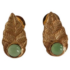 Burmese Natural Type A Jade with Textured Gold Leaf Stud Earrings by Burma JARS