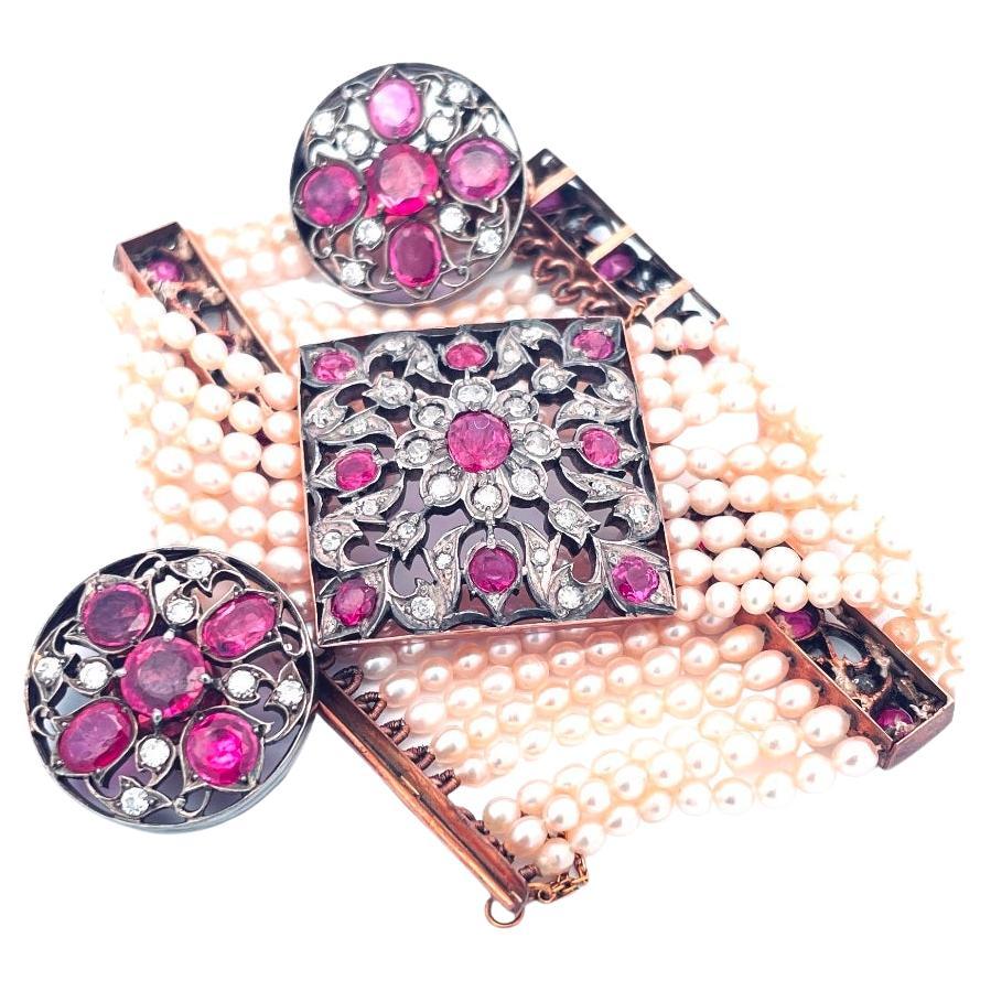Burmese No-Heat Ruby, Diamond, and Pearl Bracelet & Earring Set