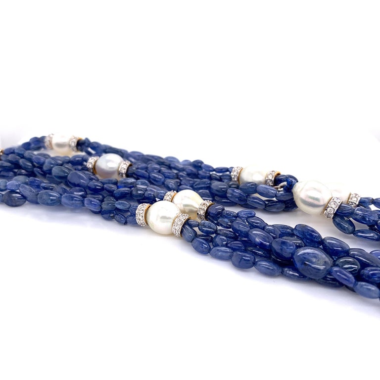 Contemporary Burmese No Heat Sapphire Beads, Pearls, and White Diamond Gold Necklace For Sale