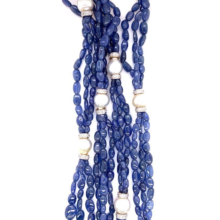 Burmese No Heat Sapphire Beads, Pearls, and White Diamond Gold Necklace For Sale 1