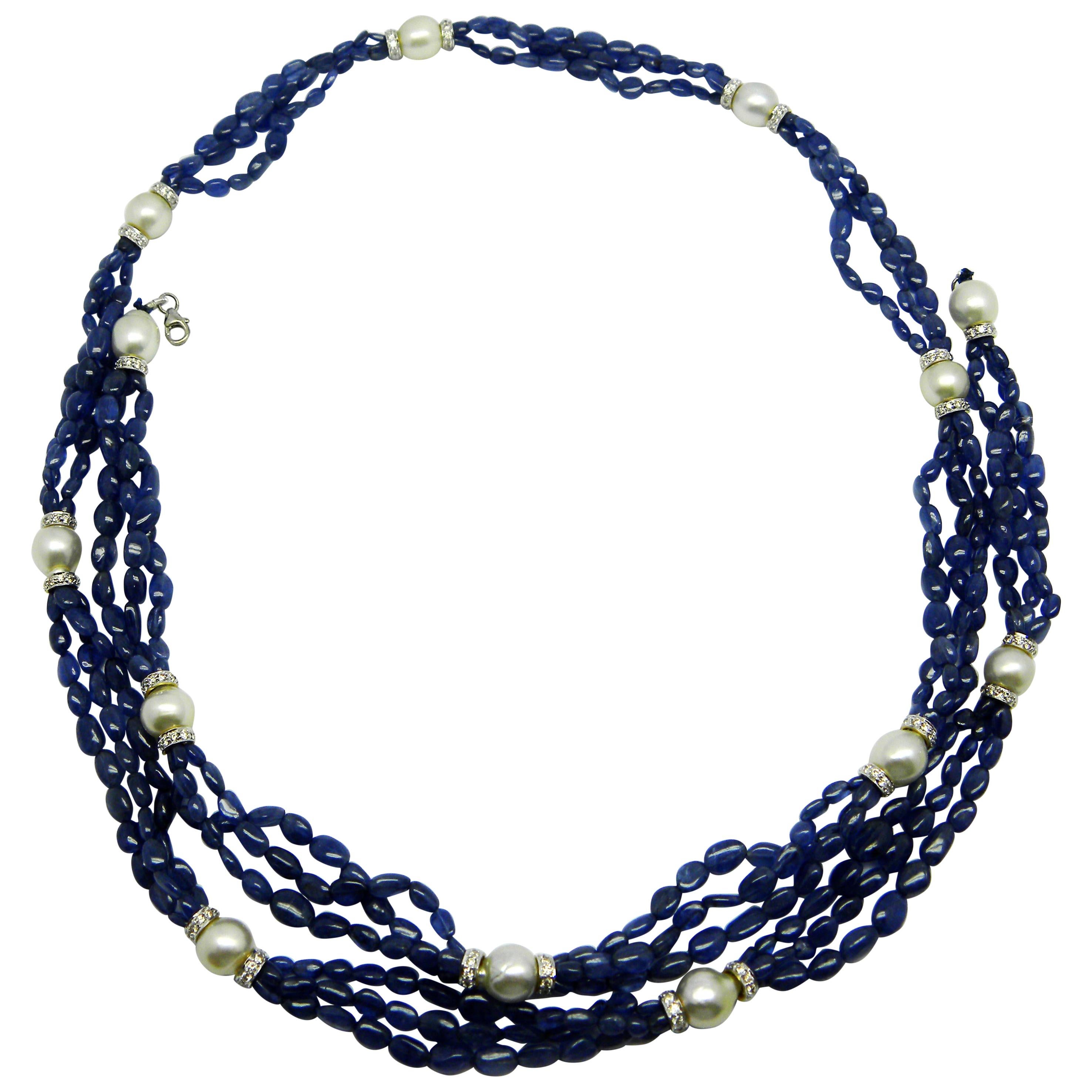 Burmese No Heat Sapphire Beads, Pearls, and White Diamond Gold Necklace